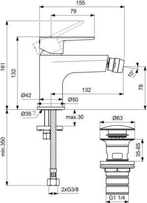 Bidetarmatur Cerafine O mit Push-Open-Ventil Ausladung 132mm Rose