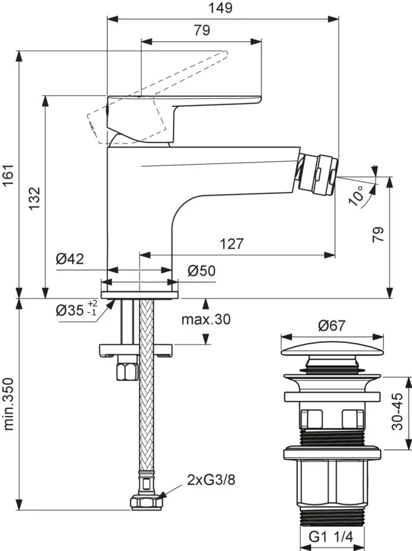 Ideal Standard Bidetarmatur Cerafine O, Rose, Ausladung 132 mm, Push-Open-Ventil, Metall-Push-Open Ventil, Flexible Anschlussschläuche G3/8, Griff aus Metall mit Rot-Blau-Markierung, Schnellmontagesystem Easy-Fix, FirmaFlow® Kartusche mit keramischen Dic
