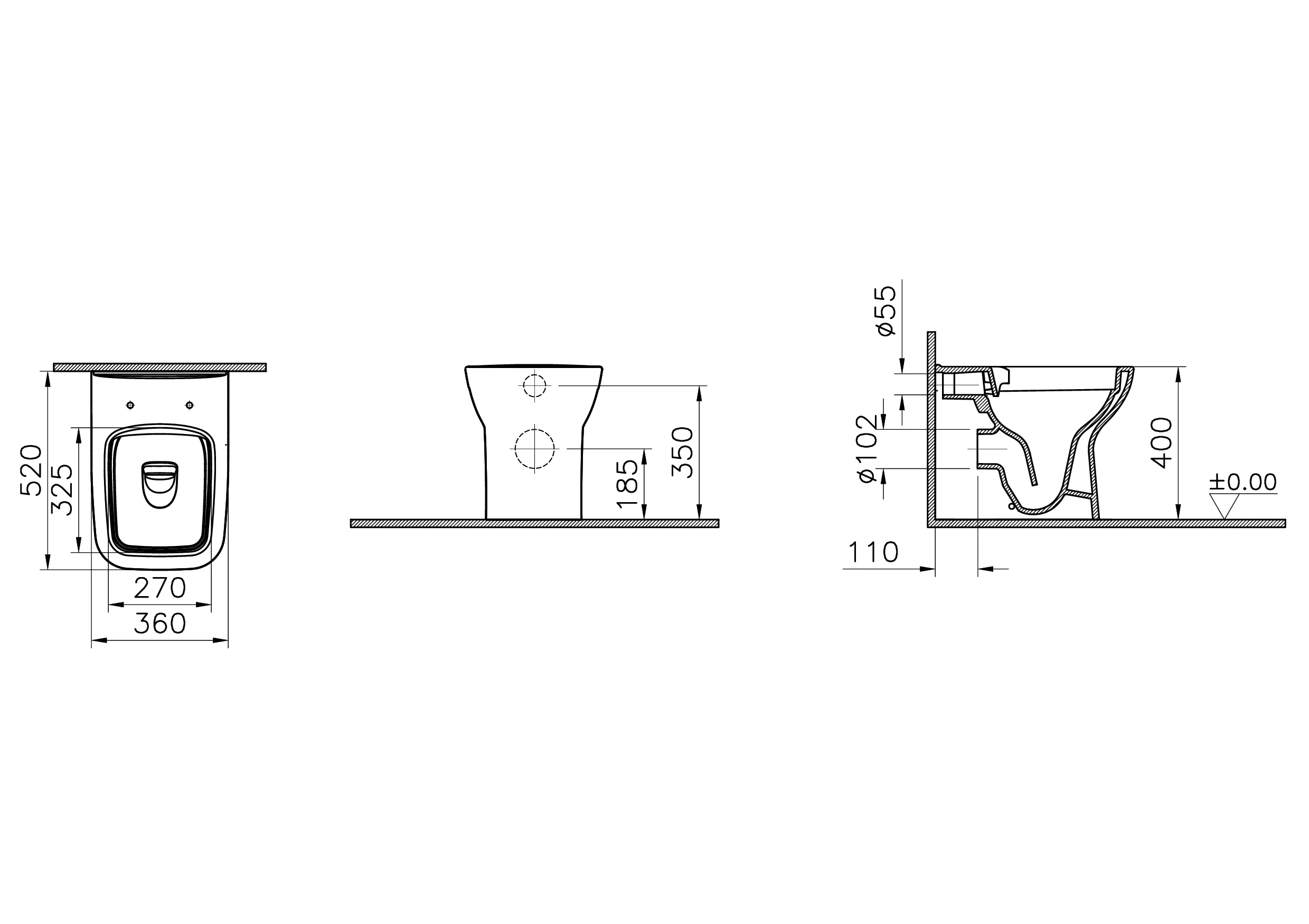 New S20 Square Tiefspüler-Stand-WC spülrandlos Smooth Flush back to wall Abgang waagerecht 36 x 52 cm (BxT) Weiß Hochglanz
