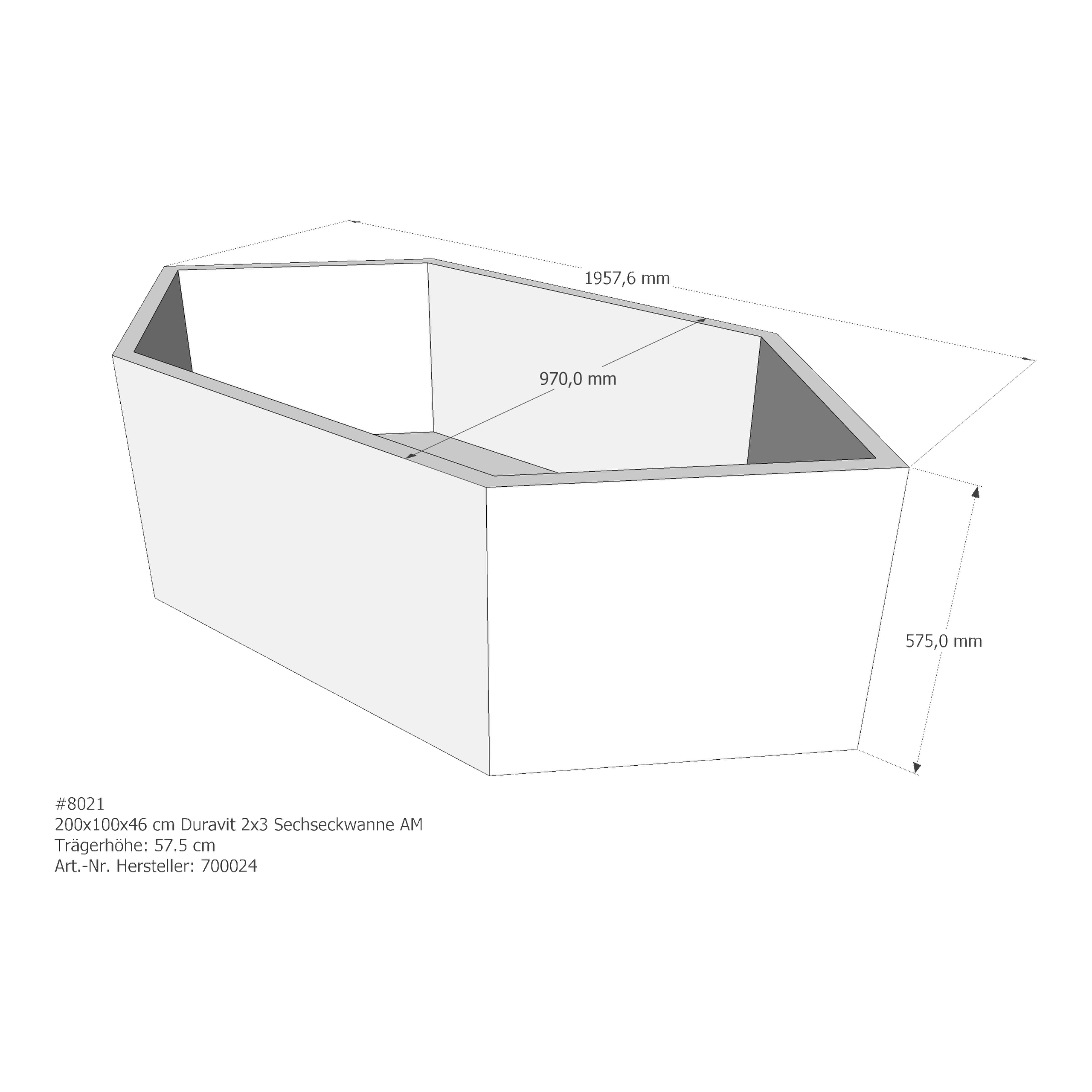 Wannenträger Duravit 2x3 200x100x46 cm Sechseck Mittelablauf