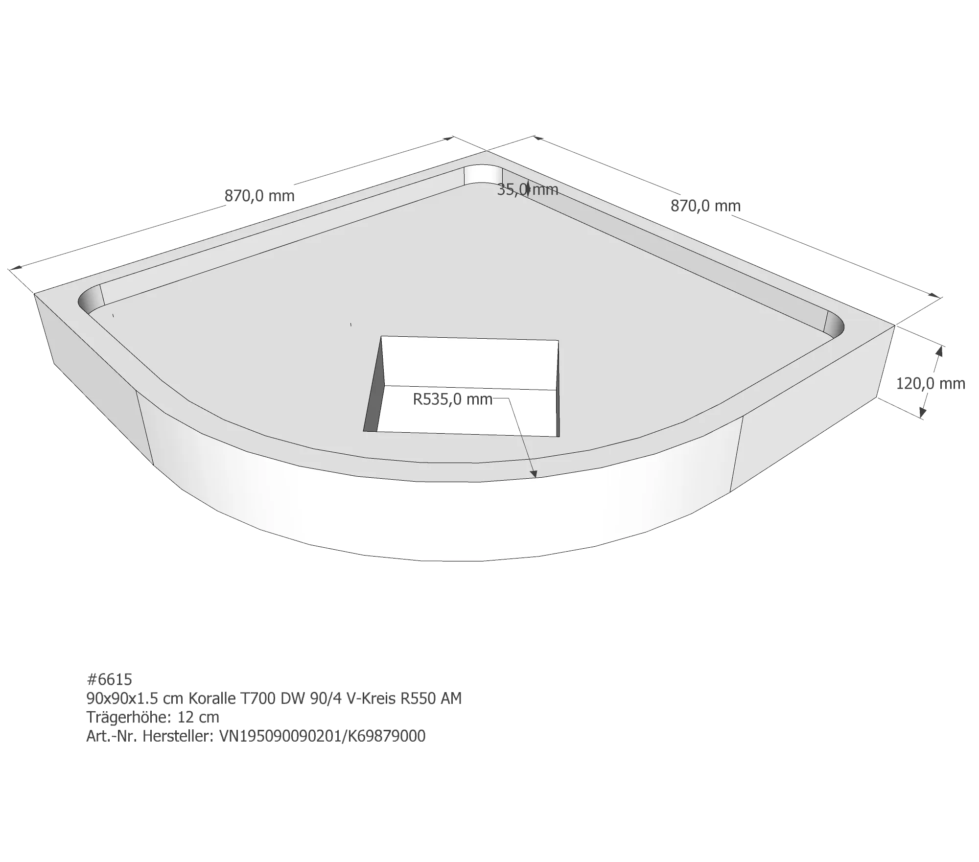 Duschwannenträger passend für Koralle T700 DW 90/4 90 × 90 × 1,5 cm