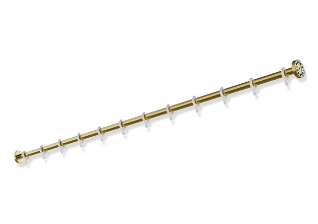HEWI Vorhangstange System 900, Edelstahl PVD gold glänzend, Länge 1524 mm, Stangendurchmesser 25 mm, mit 12 Vorhangringen aus weißem POM