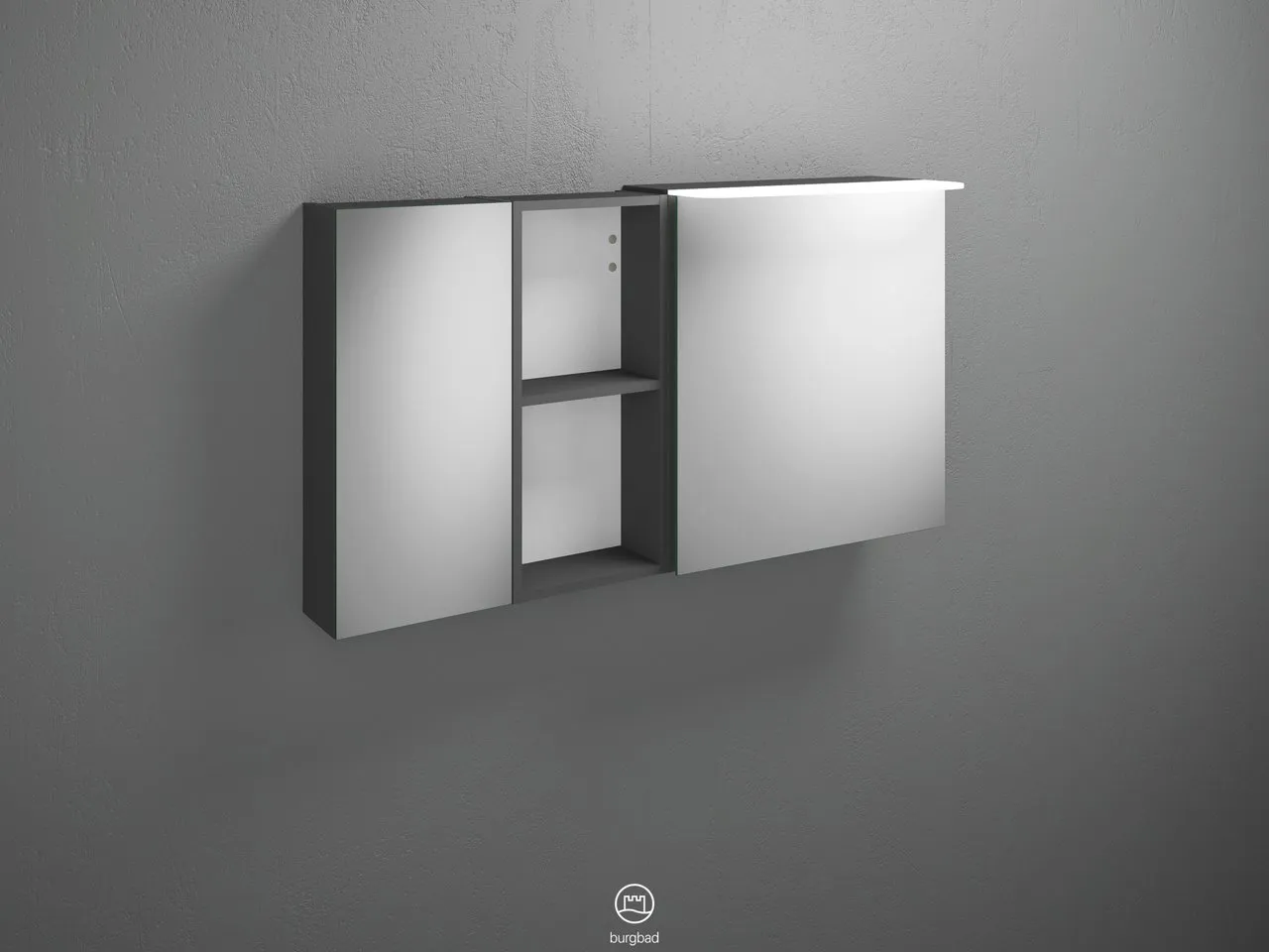 Burgbad Spiegelschrank Badu SFTX120, 310x1200x665 mm, 2 beidseitig verspiegelte Türen, LED-Aufsatzleuchte 4200 K, Schalter-Steckdosenelement