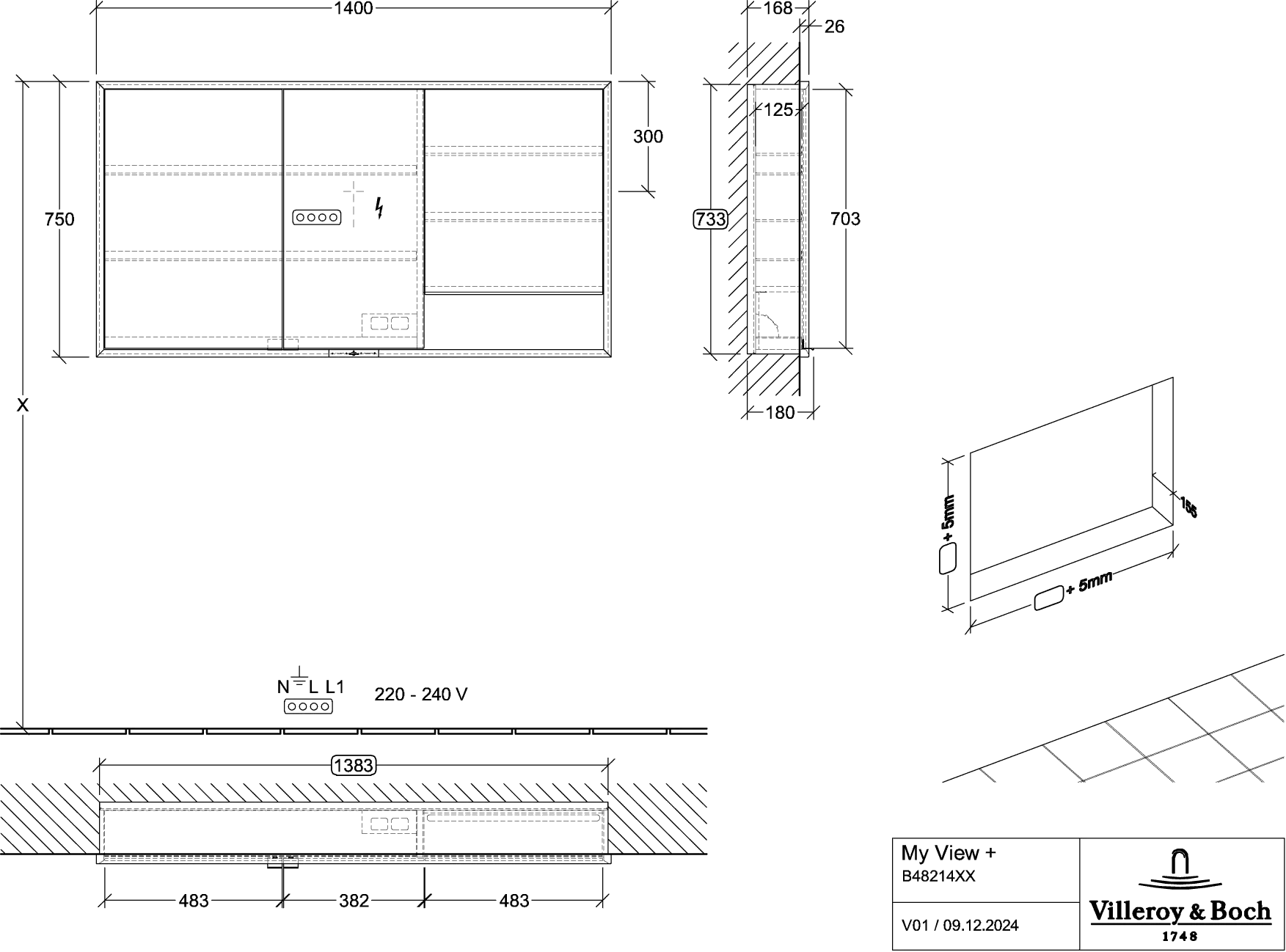Villeroy & Boch Einbau-Spiegelschrank My View+ B48214, 1400x750x168mm, Graphite Villeroy & Boch Einbau-Spiegelschrank My View+ B48214, 1400x750x168mm, Graphite