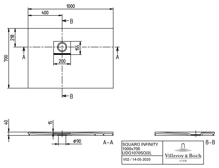 Villeroy & Boch rechteck Duschwanne „Squaro Infinity“ Eck-Einbau links gegen Wand 100 × 70 cm in Morning Green