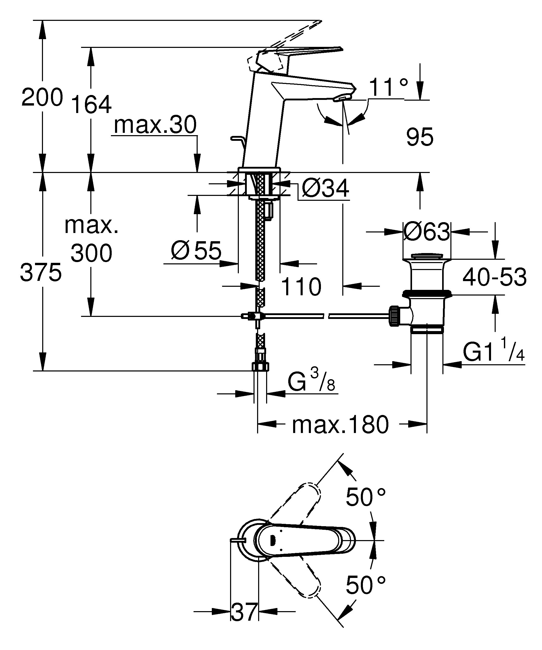 Einhand-Waschtischbatterie Eurodisc Cosmopolitan 23049_2, S-Size, Einlochmontage, Zugstangen-Ablaufgarnitur 1 1/4'', chrom