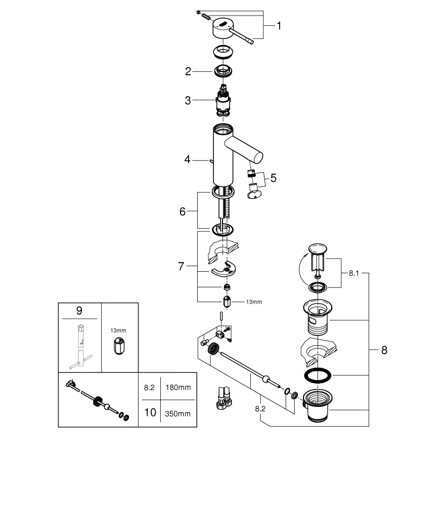 Einhand-Waschtischbatterie Essence 24183_1, S-Size, Einlochmontage, Energie-Spar-Funktion Mittelstellung kalt, Zugstangen-Ablaufgarnitur 1 1/4'', chrom