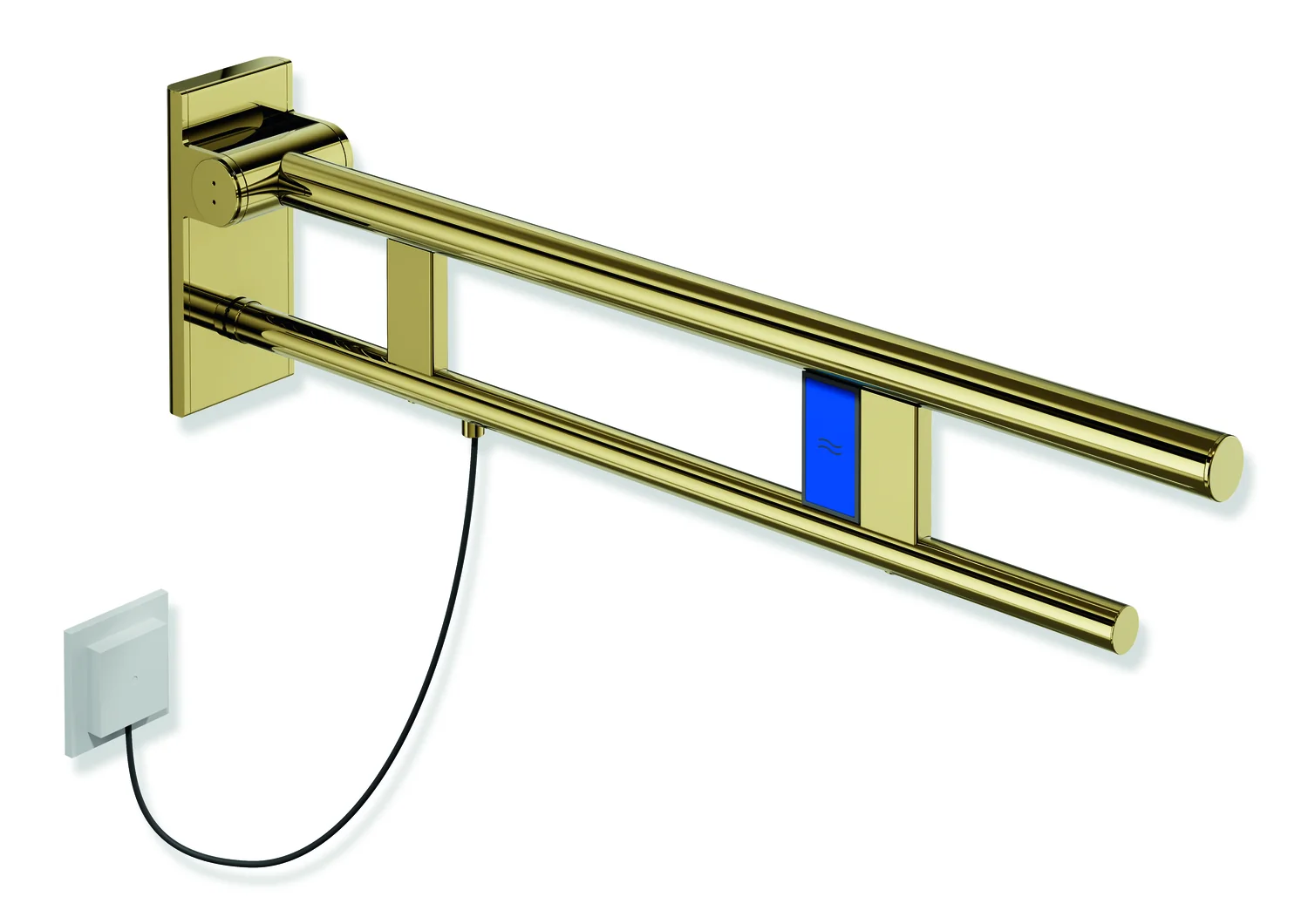 HEWI Stützklappgriff Duo System 900, Design A, Edelstahl PVD gold glänzend, Ausladung 750 mm, links, mit Spülauslösung