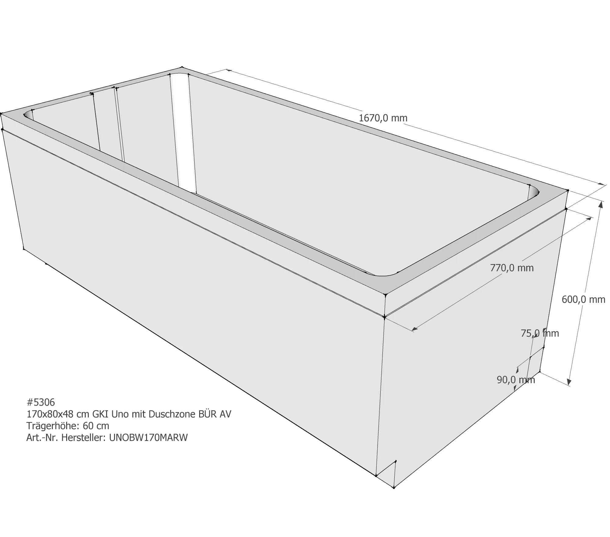 Duschwannenträger für GKI Uno mit Duschzone rechts 170 × 80 × 48 cm Duschwannenträger für GKI Uno mit Duschzone rechts 170 × 80 × 48 cm