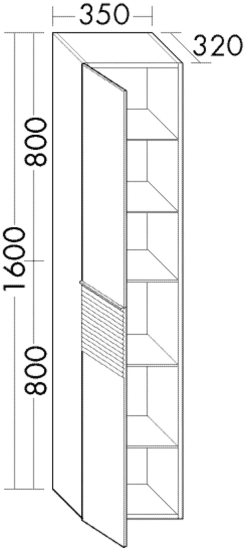 Hochschrank, 1 Tür oben inkl. Tip-On-Technik;1 Tür unten mit Plisséestruktur;4 Glaseinlegeböden;1 fester Boden, Tiefe: 320 mm, Breite: 350 mm, Höhe: 1600 mm