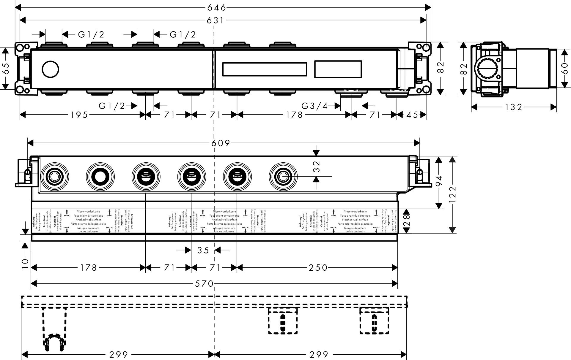 Hansgrohe AXOR Thermostatmodul Select - Grundkörper für 4 Verbraucher, Anschlussgewinde Rp 3/4, Anschlussgröße DN15/DN20, horizontale Montage, schallentkoppelt, Einbautiefe 92-120 mm