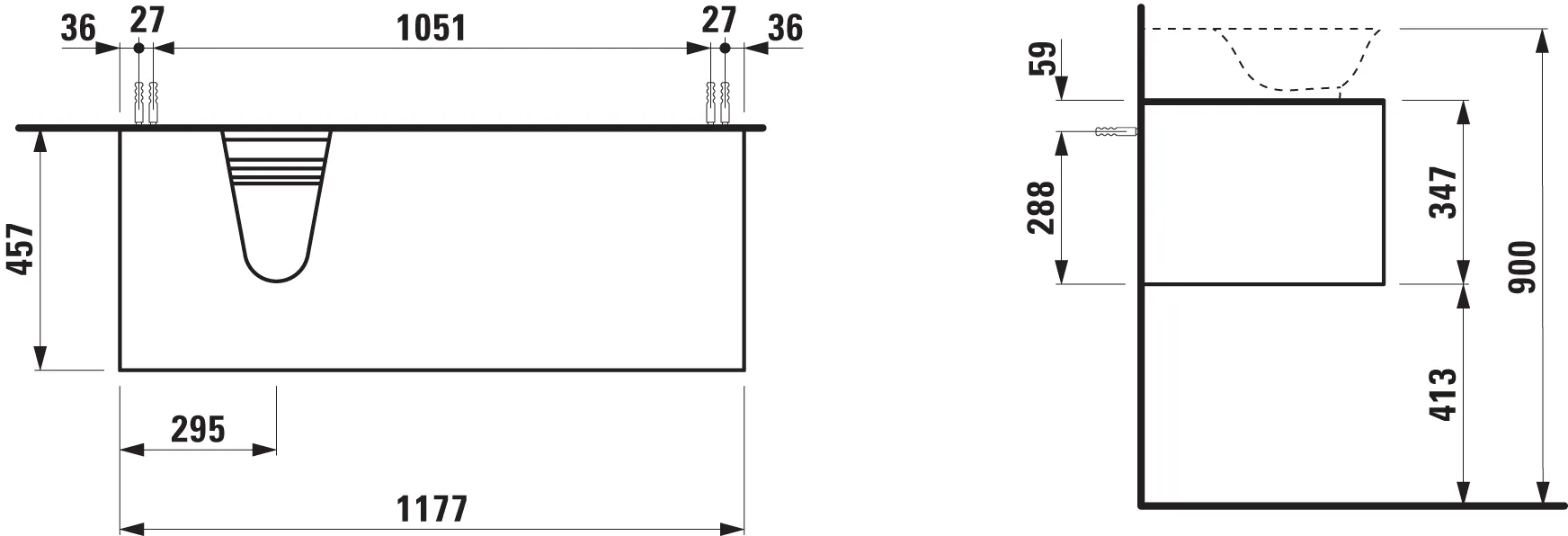 Laufen Waschtischunterbau „THE NEW CLASSIC“ 1177 × 347 × 457 mm Weiß matt, links