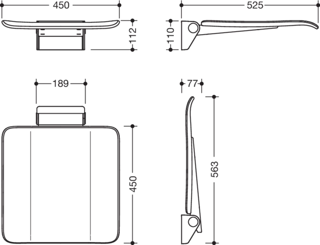 Klappsitz des Systems 900, Wandkonsole aus Edelstahl, PVD, Sitzfläche aus strukturiertem Kunststoff, weiß, Sitzfläche 450 mm breit, 450 mm tief, in Farbe CK (messing glänzend)