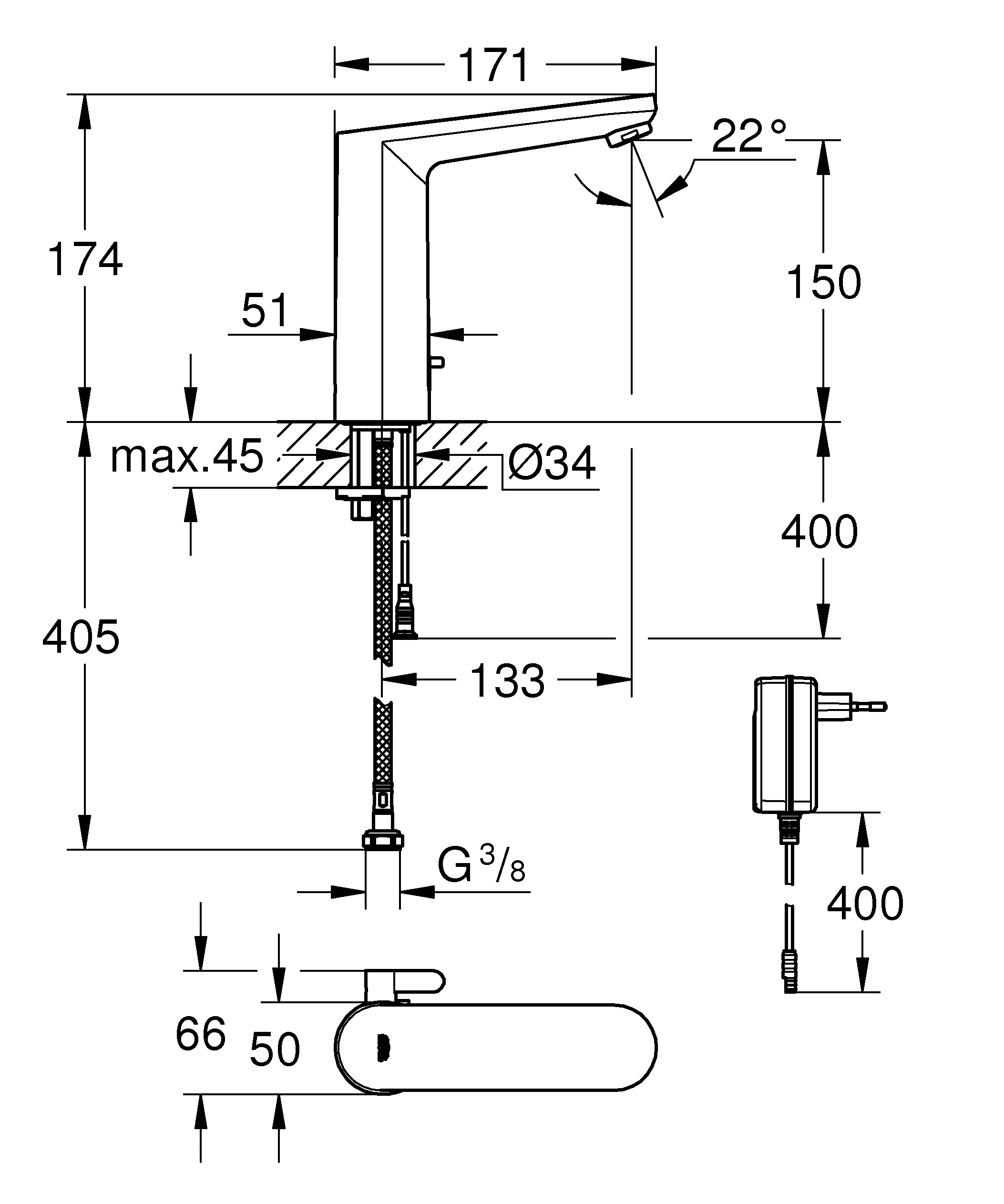 Infrarot-Elektronik für Waschtisch Eurosmart CE 36421_1, L-Size, mit Mischung, Steckertrafo 230V, Armaturengruppe I, Schutzart IP 59