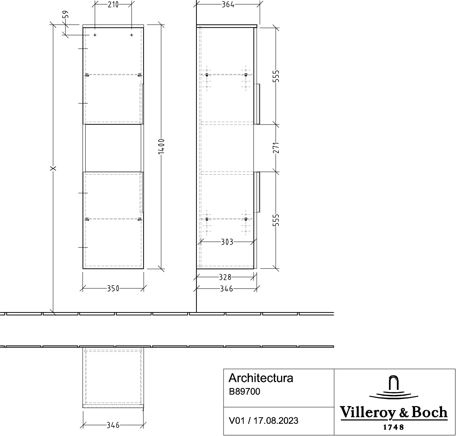 Villeroy & Boch Hochschrank Architectura B89700 Nordic Oak, 350x1400x346mm, 2 Türen, SoftClosing, Wandmontage Villeroy & Boch Hochschrank Architectura B89700 Nordic Oak, 350x1400x346mm, 2 Türen, SoftClosing, Wandmontage