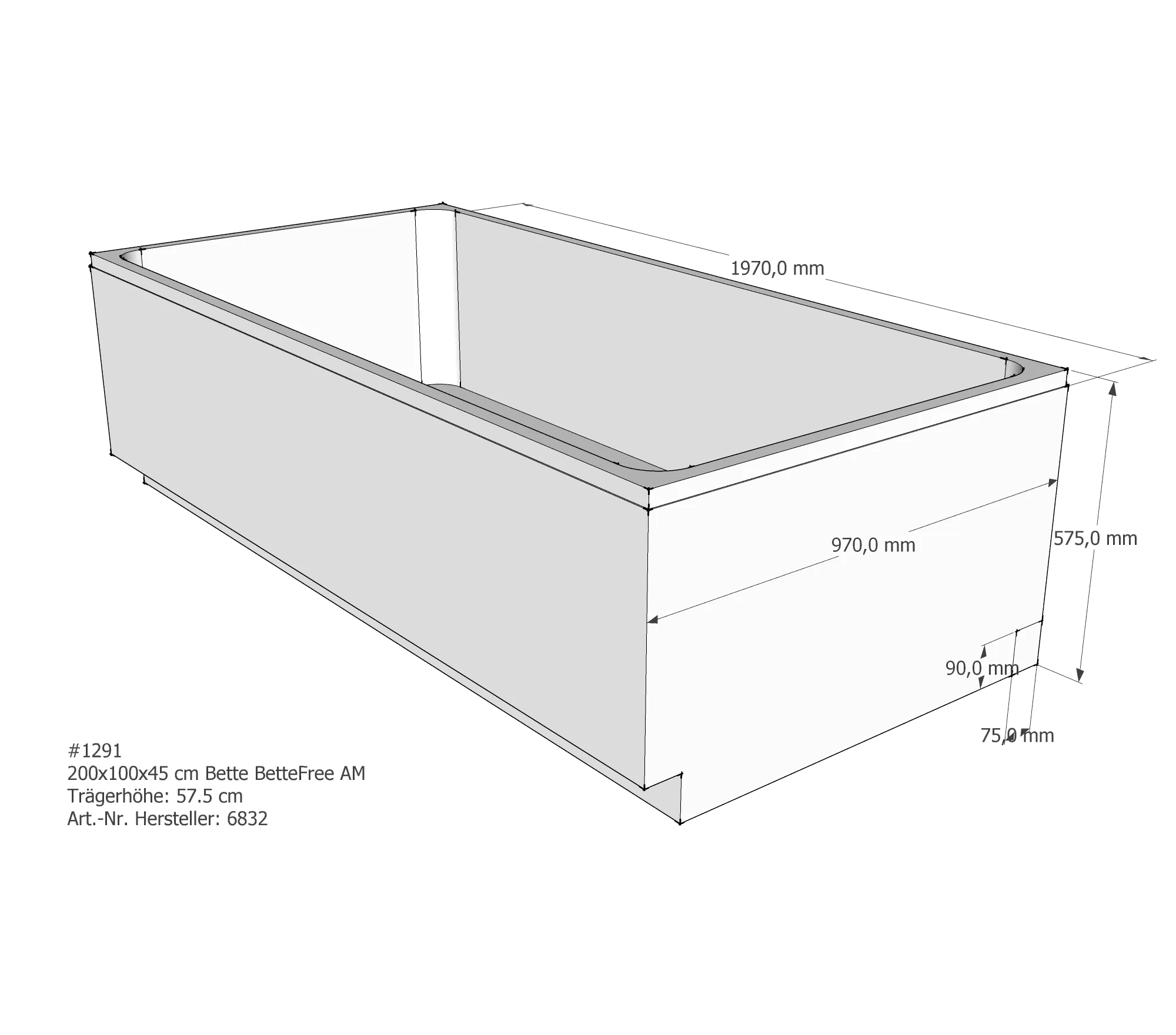 Badewannenträger für Bette Free 200 × 100 × 45 cm Breite: 100 cm / Länge: 200 cm