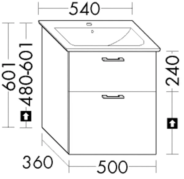 Waschtischunterschrank Sys30 von burgbad – 500 mm breit, 520 mm hoch, 360 mm tief, 1 Schublade oben, 1 Auszug unten, 260 mm Einbautiefe