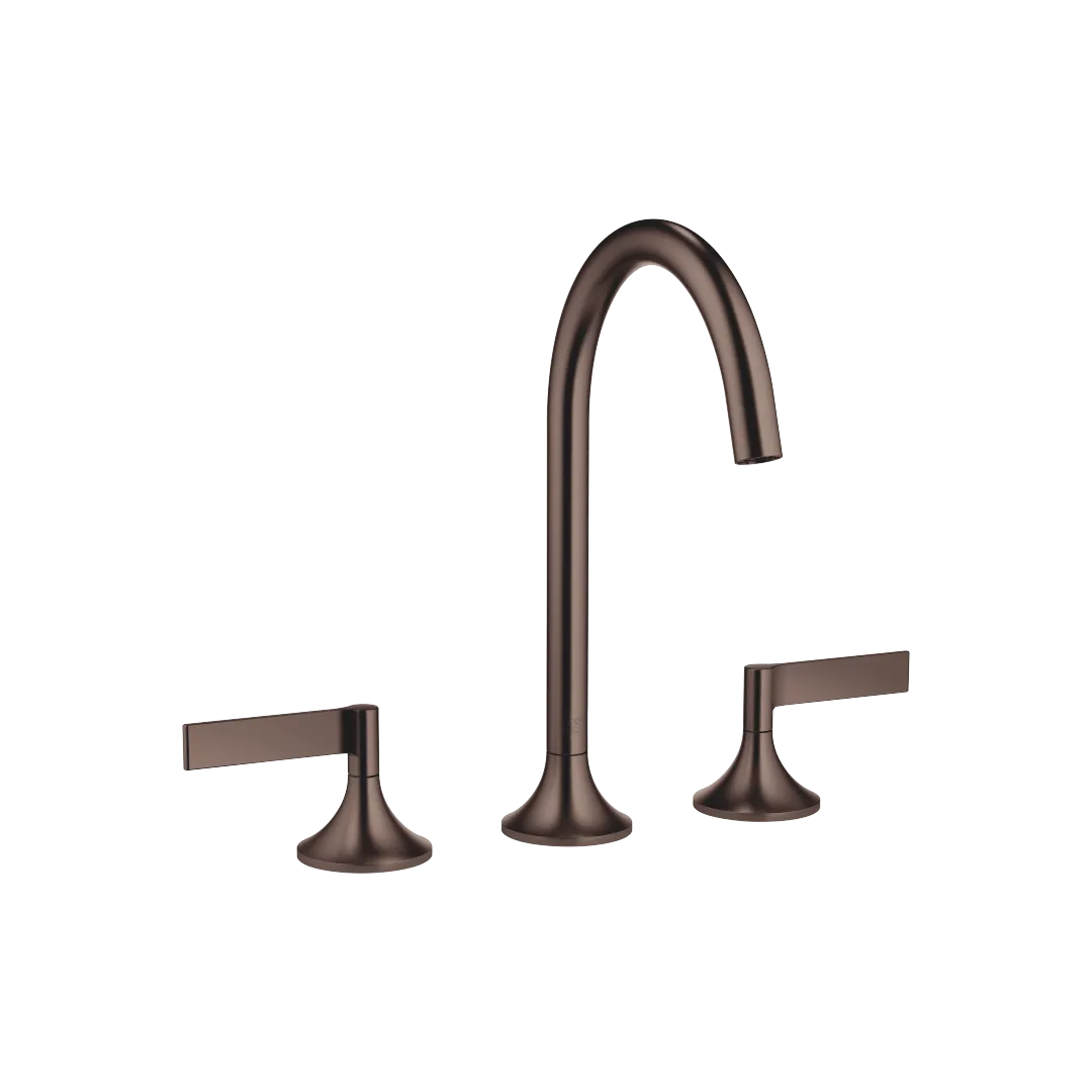 Dornbracht VAIA Waschtisch-Dreilochbatterie mit Ablaufgarnitur, Dark Bronze gebürstet PVD, Ausladung 168 mm, schwenkbarer Auslauf 360°, runder luftangereicherter Strahl, Armaturenhöhe 280 mm, Höhe bis Luftsprudler 191 mm, Bohrungsdurchmesser Seitenventil