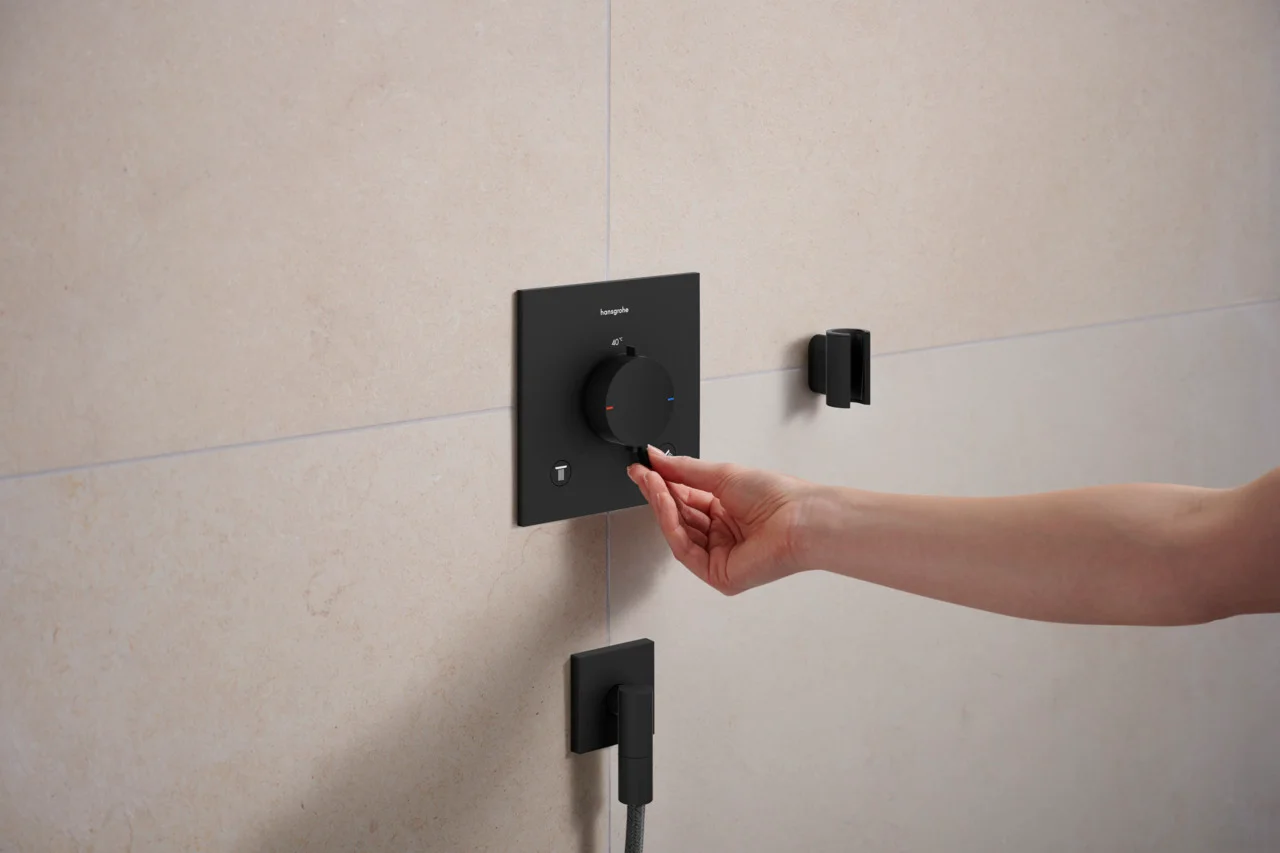 Hansgrohe Ecostat Comfort E Thermostat Unterputz, 2 Verbraucher, Mattschwarz, iBox universal 2, mit Tasten Rain klein, Rain groß, Handbrause, Schwall und Wanne