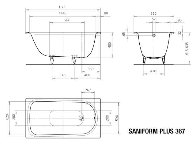 Kaldewei Badewanne tief „Saniform Plus“ rechteck 160 × 75 cm, ohne Grifflochbohrungen in alpinweiß