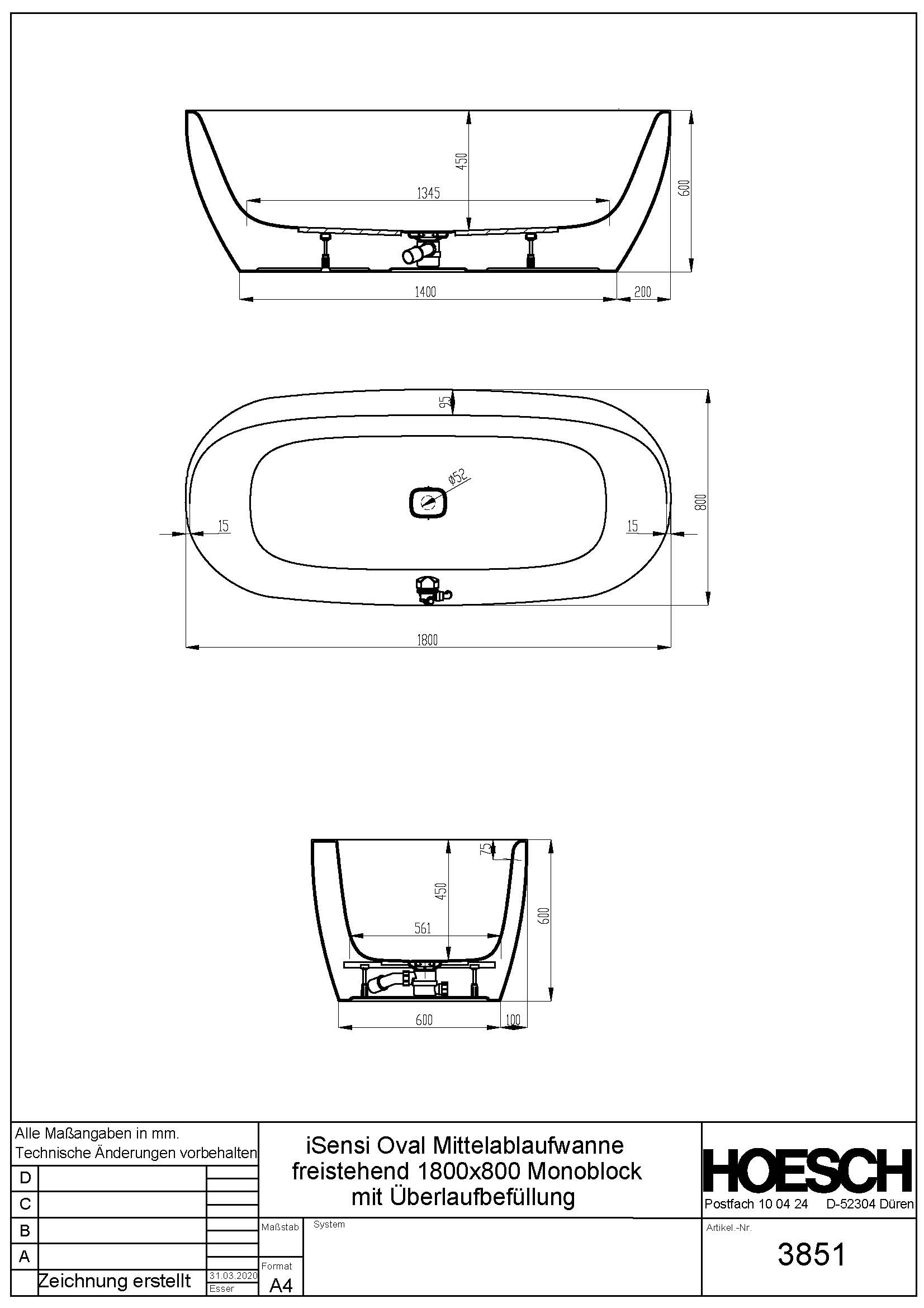 Hoesch Badewanne „iSensi“ Monolith oval 180 × 80 cm, mit Schürze in Weiß