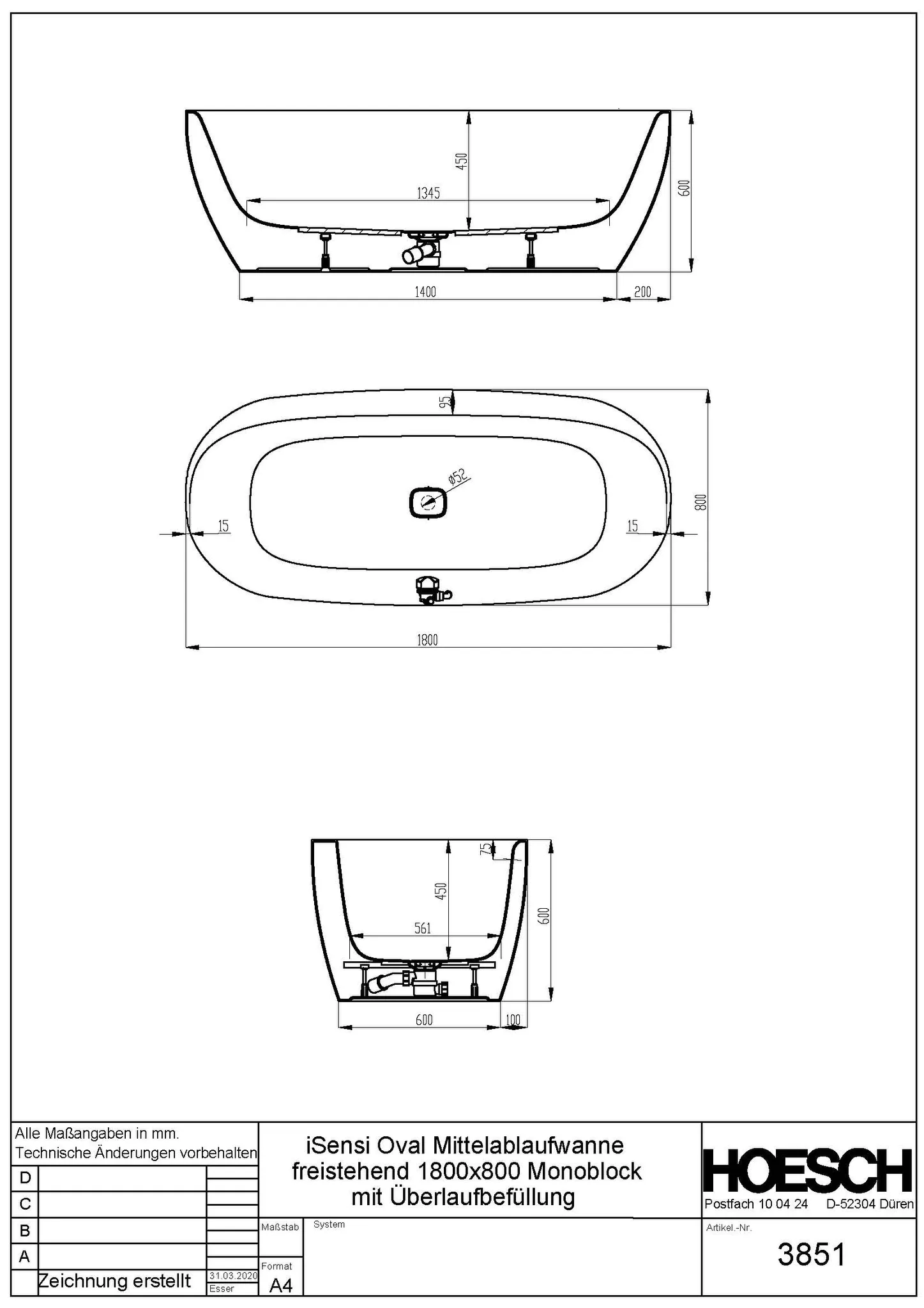Hoesch Badewanne „iSensi“ Monolith oval 180 × 80 cm, mit Schürze in Weiß