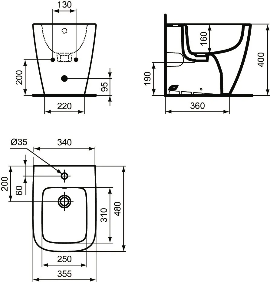 Ideal Standard Bidet „i.lifeS“, Befestigung verdeckt 35,5 × 48 × 40 cm