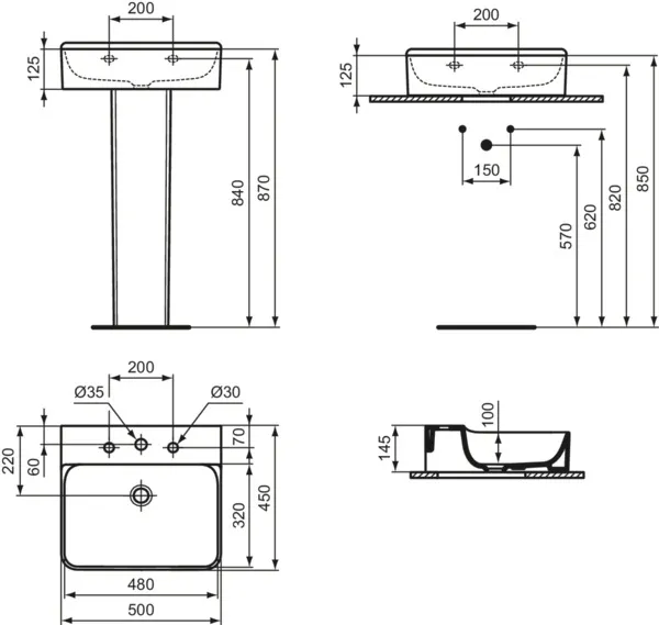 Ideal Standard Conca Waschtisch, 3 Hahnlöcher, geschliffen, weiß (Alpin), 500x450x145 mm