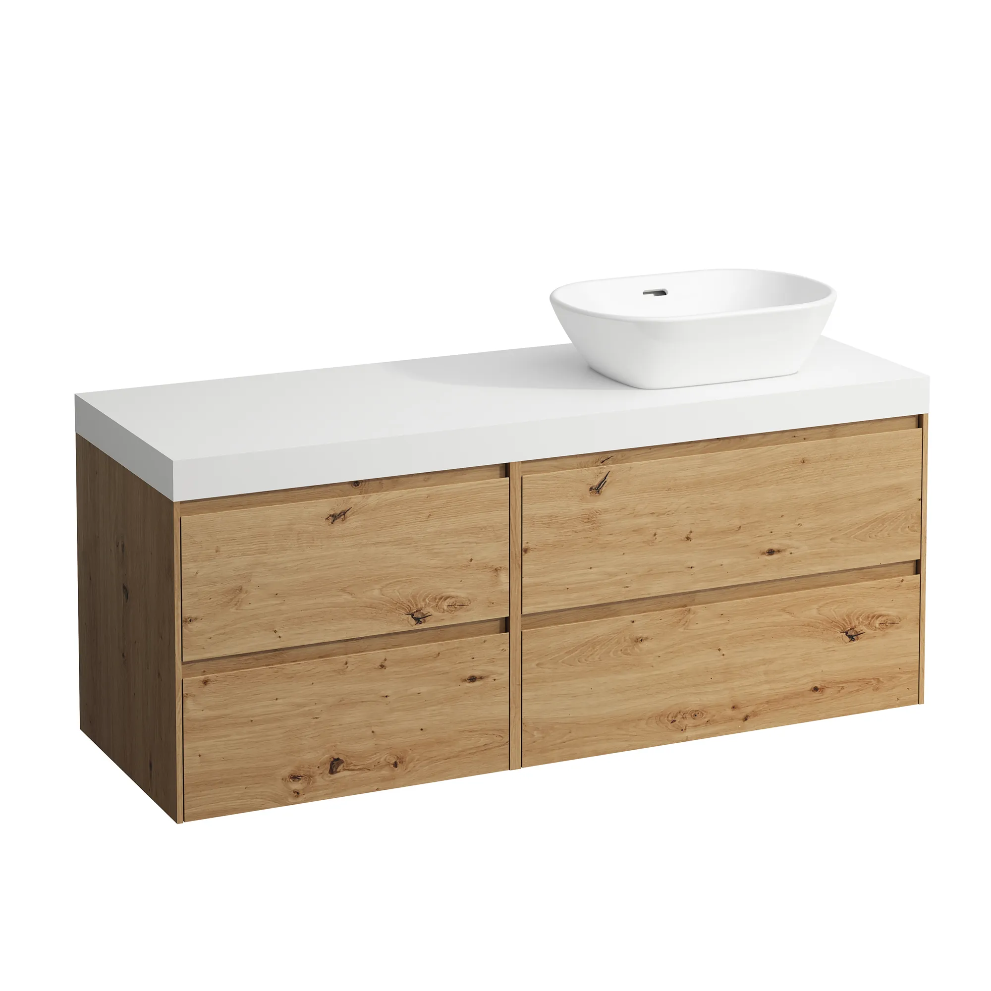 Waschtischunterbau+Waschtischplatte (MODULAR SYSTEM) LANI 495x1370x580 mit Ausschnitt rechts Abdeckplatte 65 mm (Farbe: .260 weiß matt), mit 4 Schubladen (800 mm rechts + 600 mm links) integrierter Griffleiste Vollauszug und Soft-Close weiß matt