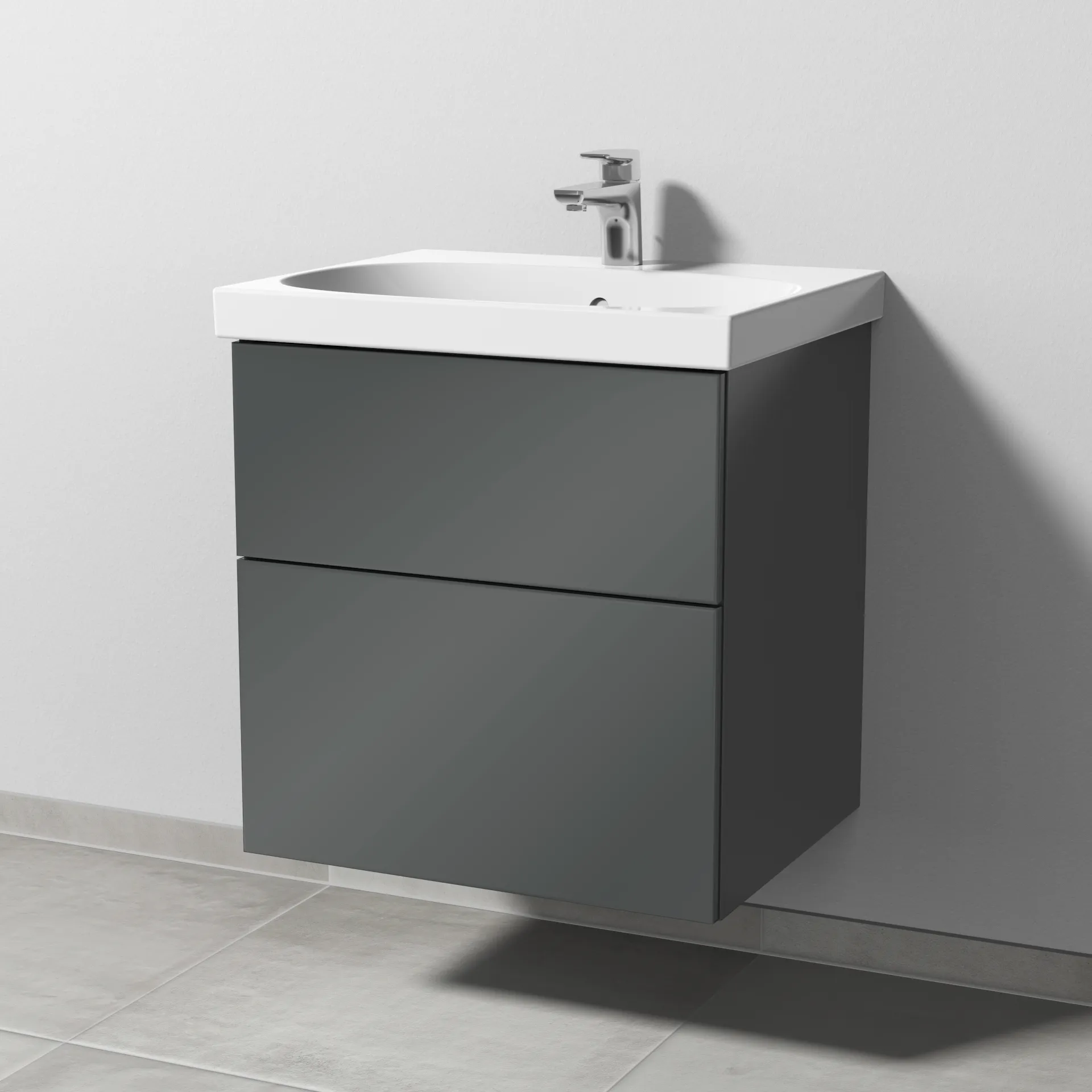 Sanipa Waschtischunterschrank „3way“ passend zu Keramik-Waschtische Acanto von Geberit 570 × 586 × 467 mm in Anthrazit (glanz), mit Hahnlochbohrung,