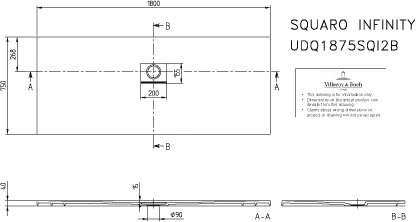 Villeroy & Boch rechteck Duschwanne „Squaro Infinity“ lange Seite geschnitten an der Wand 180 × 75 cm