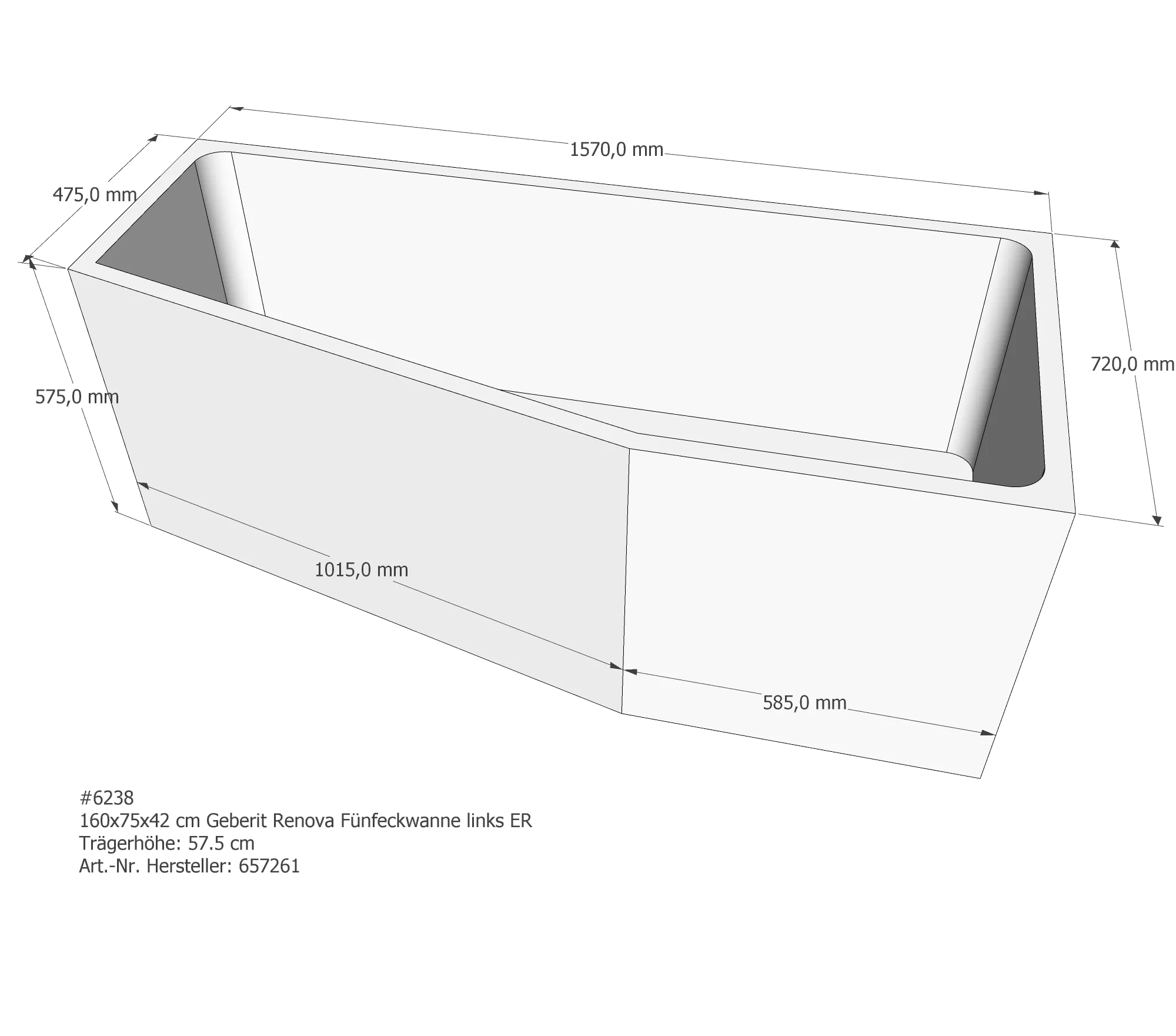 Badewannenträger für Geberit Renova links (T440) links 160 × 75 × 42 cm
