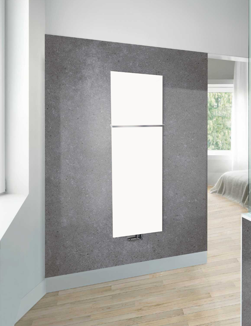 Zehnder Design-Heizkörper Fina Lean Bar, schlank, 1.500 x 48 x 500 mm, weiß matt RAL 9016, mit Handtuchhalter Chrom, montagefertig
