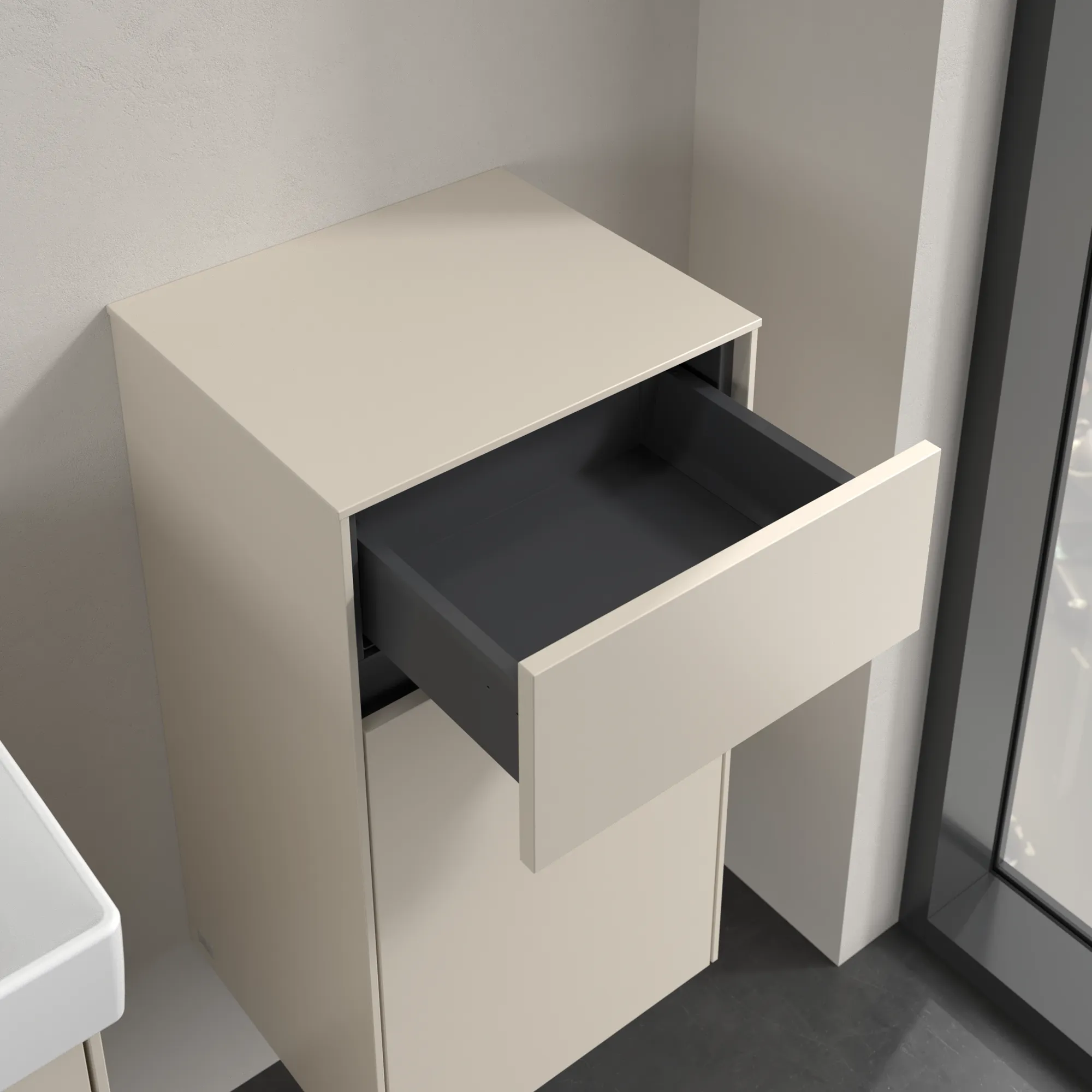 Villeroy & Boch Collaro Seitenschrank C03201, 404x748x349mm, 1 Tür, 1 Schublade, Anschlag rechts, VN Cashmere Grey Villeroy & Boch Collaro Seitenschrank C03201, 404x748x349mm, 1 Tür, 1 Schublade, Anschlag rechts, VN Cashmere Grey