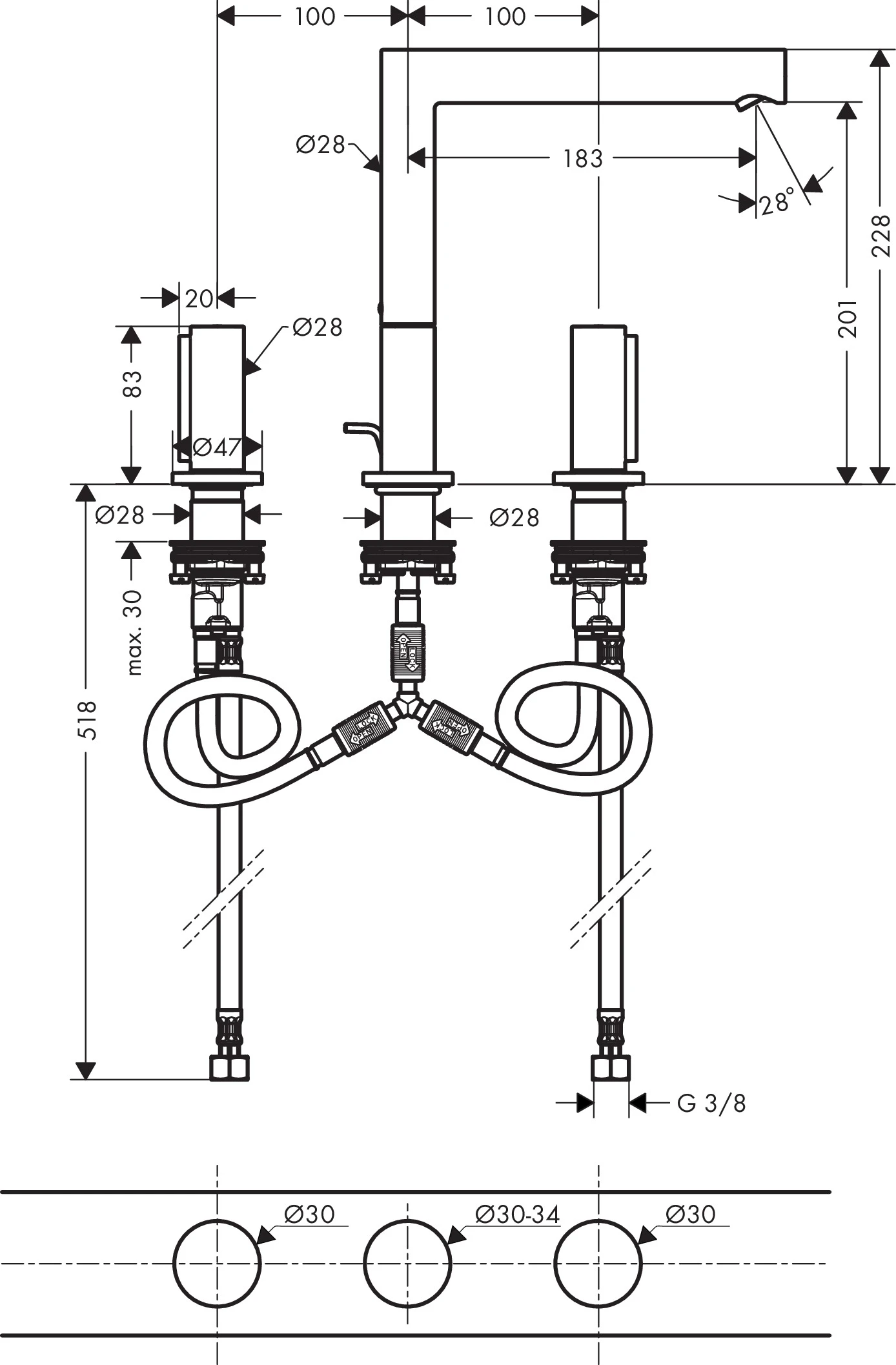 3-Loch Waschtischarmatur 200 Axor Uno Zerogriff chrom