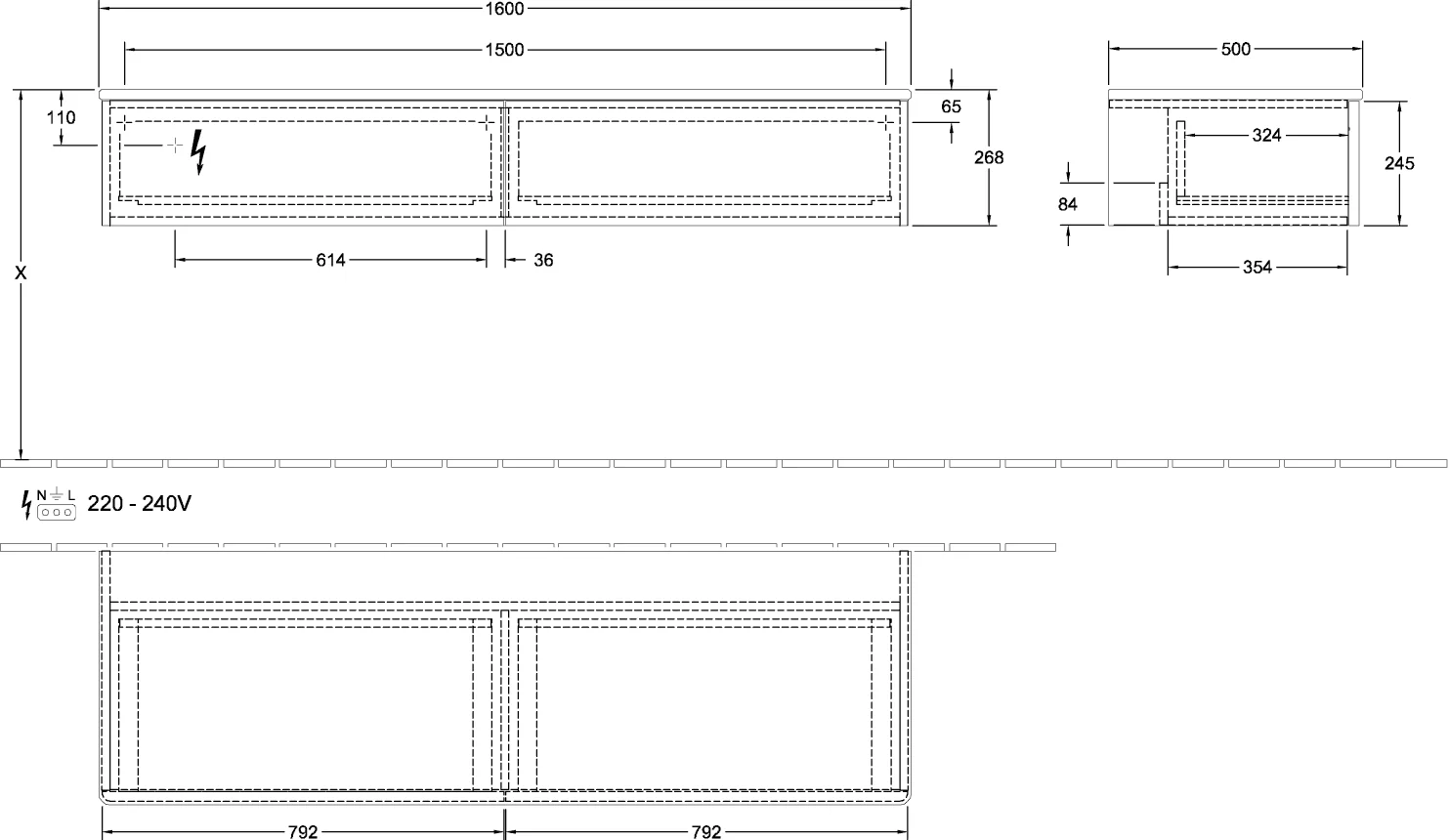 Villeroy & Boch Antao Sideboard L42, 1600x268x500mm, Glossy White Lacquer/Botticino