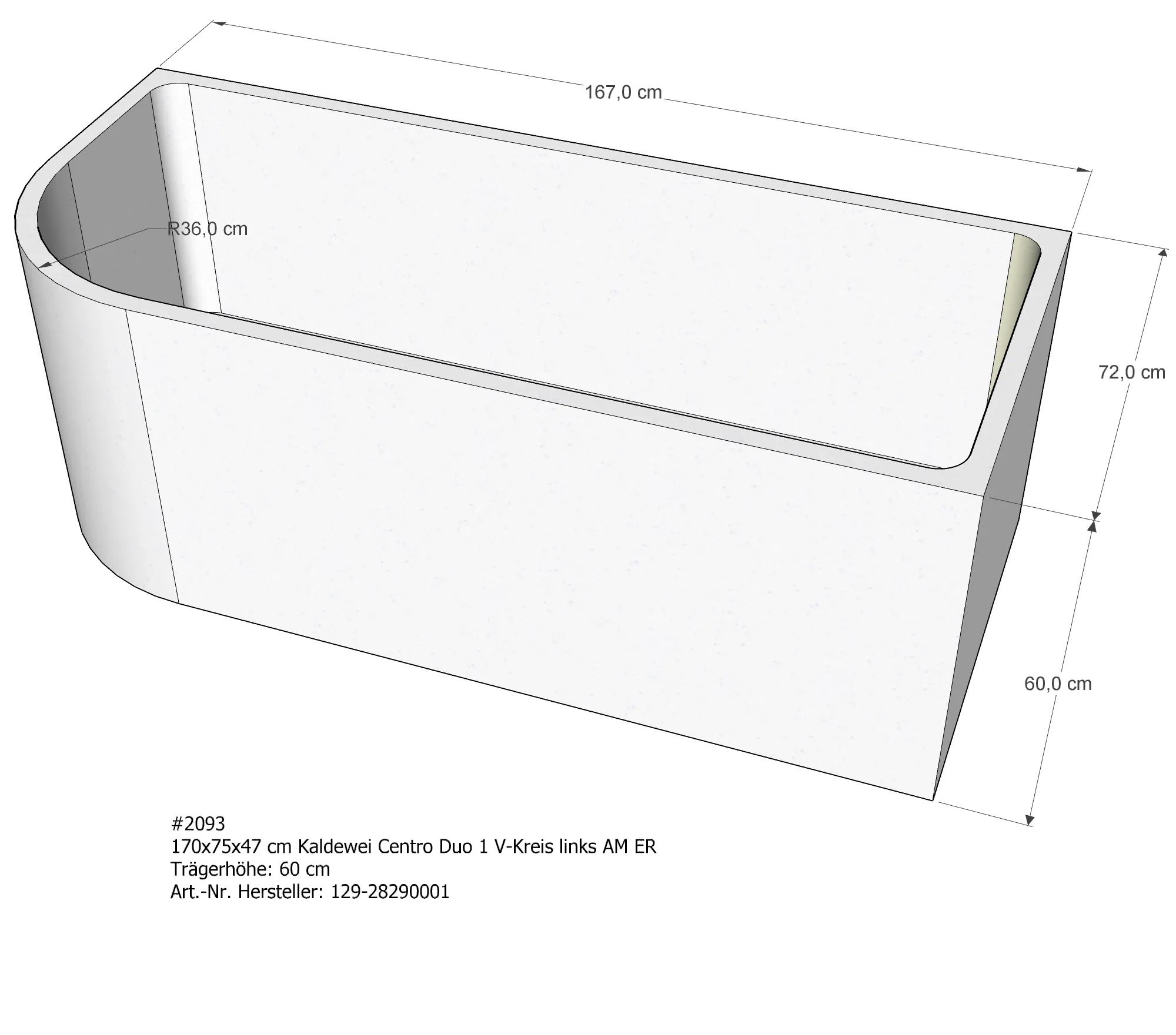 Badewannenträger für Kaldewei Centro Duo 1 links links 170 × 75 × 47 cm Ausführung: links / Breite: 75 cm / Länge: 170 cm