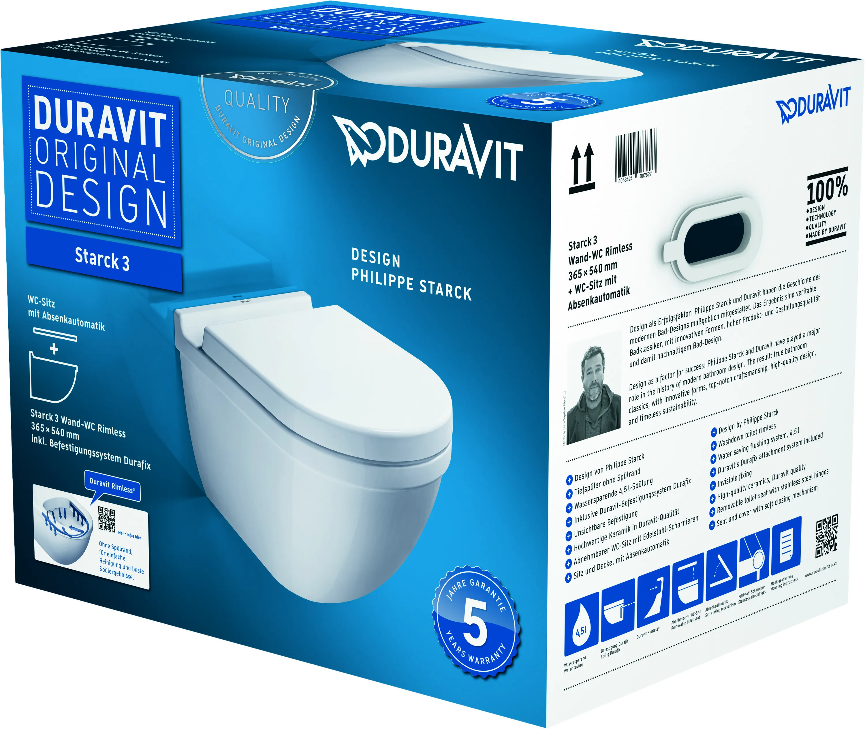 Duravit Wand-Tiefspül-WC inkl. WC-Sitz „Starck 3“ 37 × 54 × 42,5 cm, Befestigung sichtbar