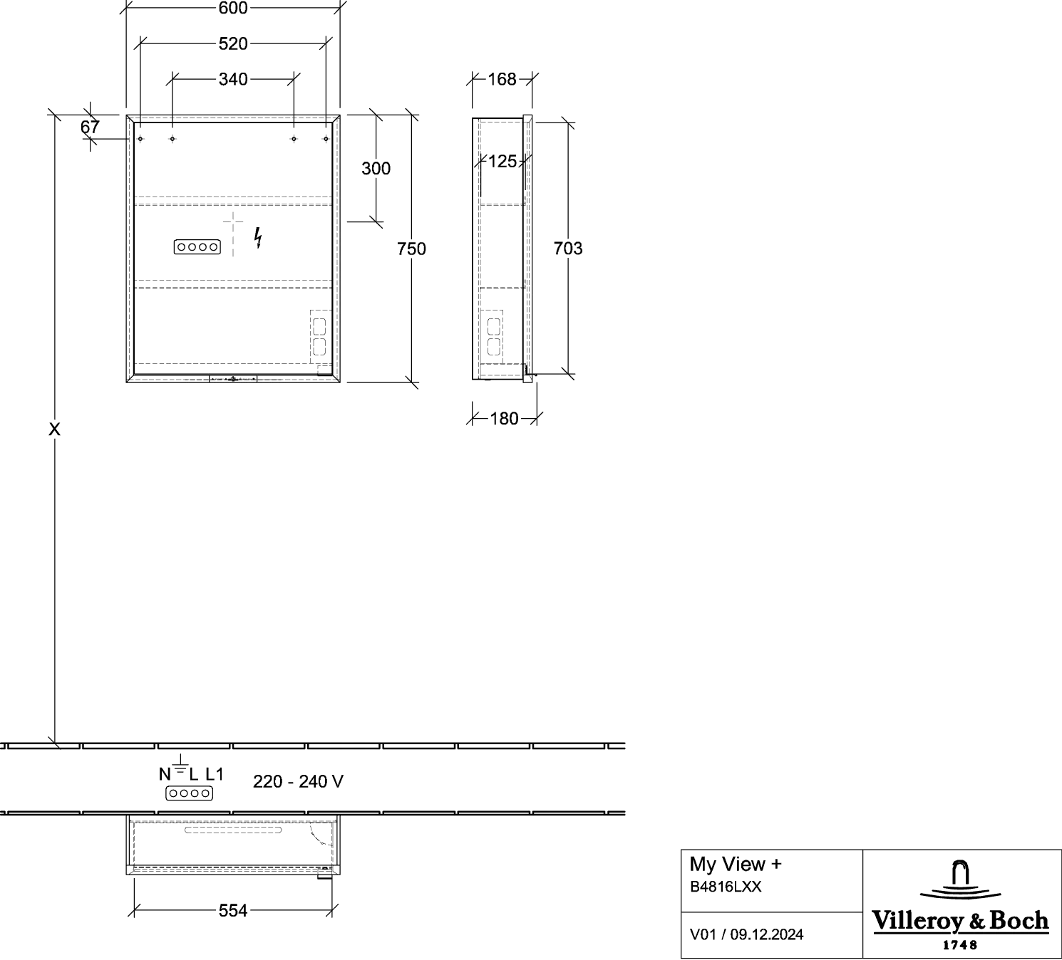 Villeroy & Boch My View+ Aufputz-Spiegelschrank B4816L 600x750x168mm mit Beleuchtung