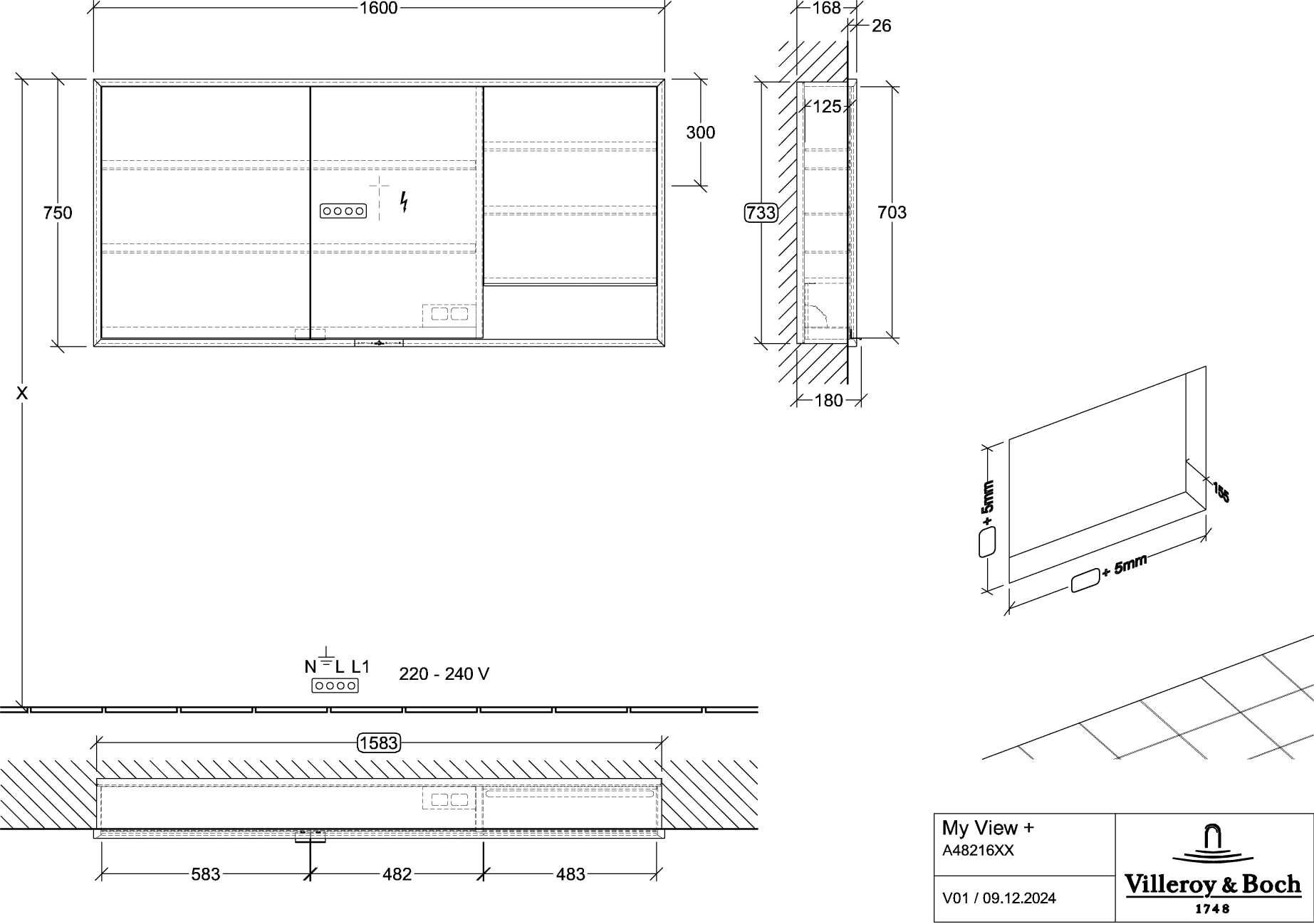 Villeroy & Boch Einbau-Spiegelschrank My View+ A48216, 1600 x 750 x 168 mm, Volcano Black