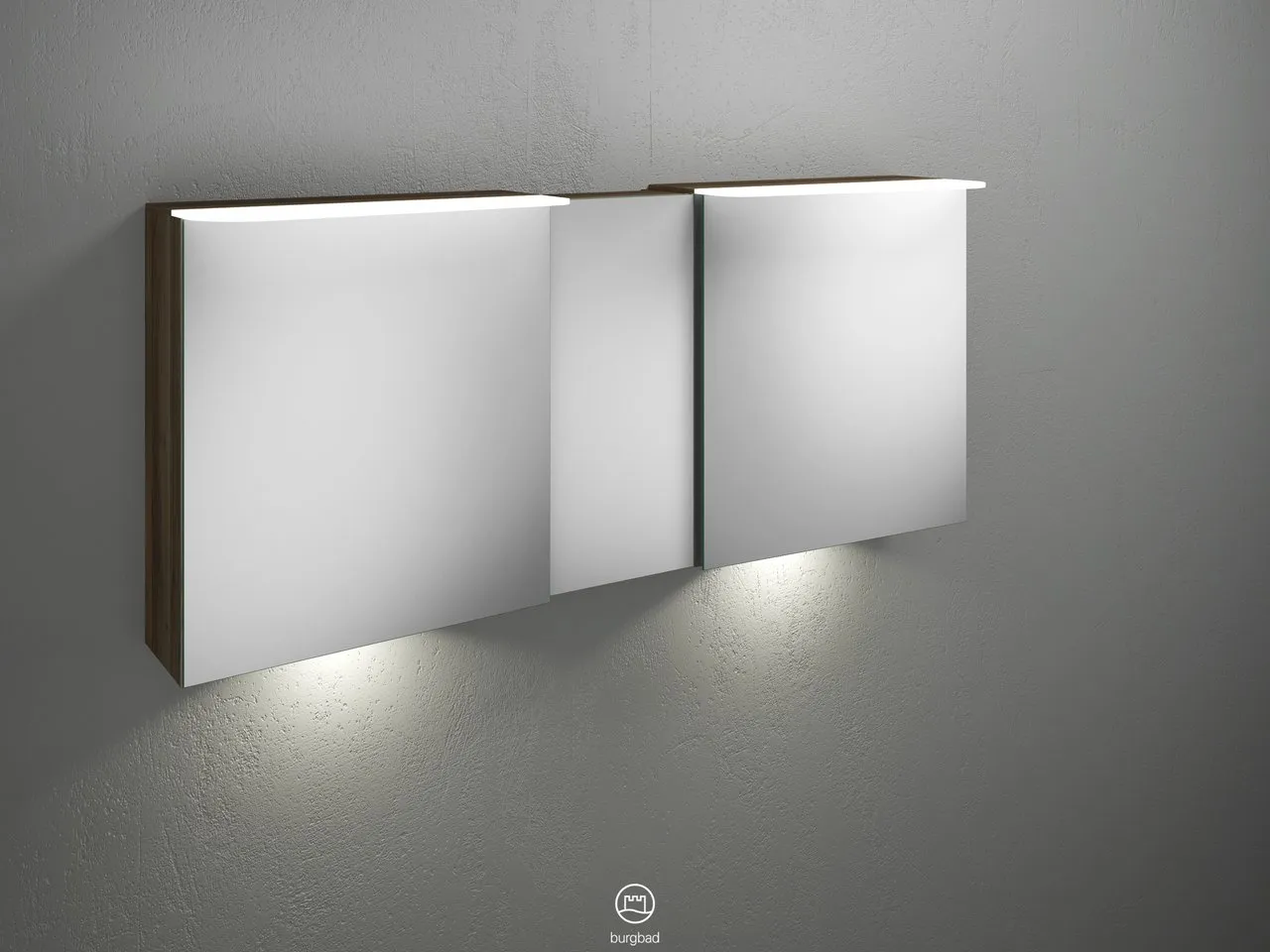 Badu Spiegelschrank SFUF150 von burgbad - 310 mm tief, 1.500 mm breit, 665 mm hoch mit 3 beidseitig verspiegelten Spiegeln und LED-Beleuchtung Badu Spiegelschrank SFUF150 von burgbad - 310 mm tief, 1.500 mm breit, 665 mm hoch mit 3 beidseitig verspiegelten Spiegeln und LED-Beleuchtung