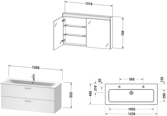 Duravit Waschtischunterschrank Möbelwaschtisch mit Waschtischunterbau und Spiegelschrank „XBase“ 123 × 20 × 49 cm in Weiß Glänzend