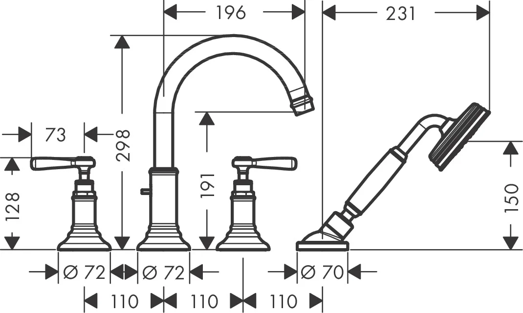 Hansgrohe AXOR Montreux 4-Loch Wannenrandarmatur mit Hebelgriffen, Brushed Nickel, Ausladung 196 mm Hansgrohe AXOR Montreux 4-Loch Wannenrandarmatur mit Hebelgriffen, Brushed Nickel, Ausladung 196 mm