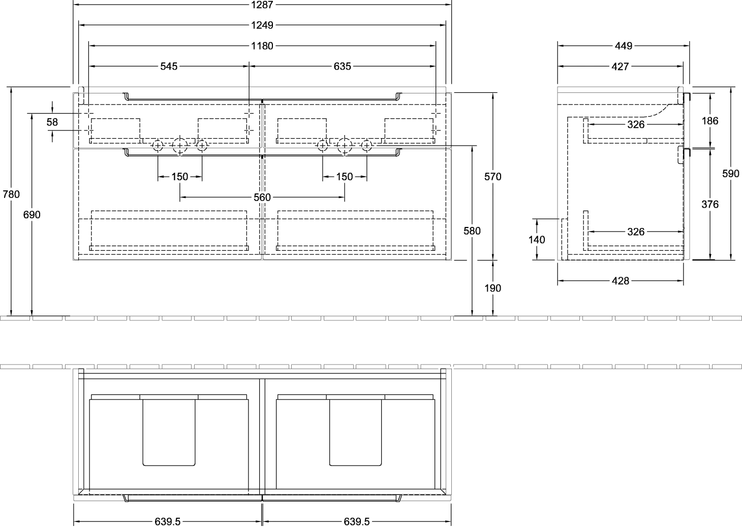 Villeroy & Boch Waschtischunterschrank „Subway 2.0“ 1287 × 590 × 449 mm Taupe, für links und rechts, ohne Beleuchtung