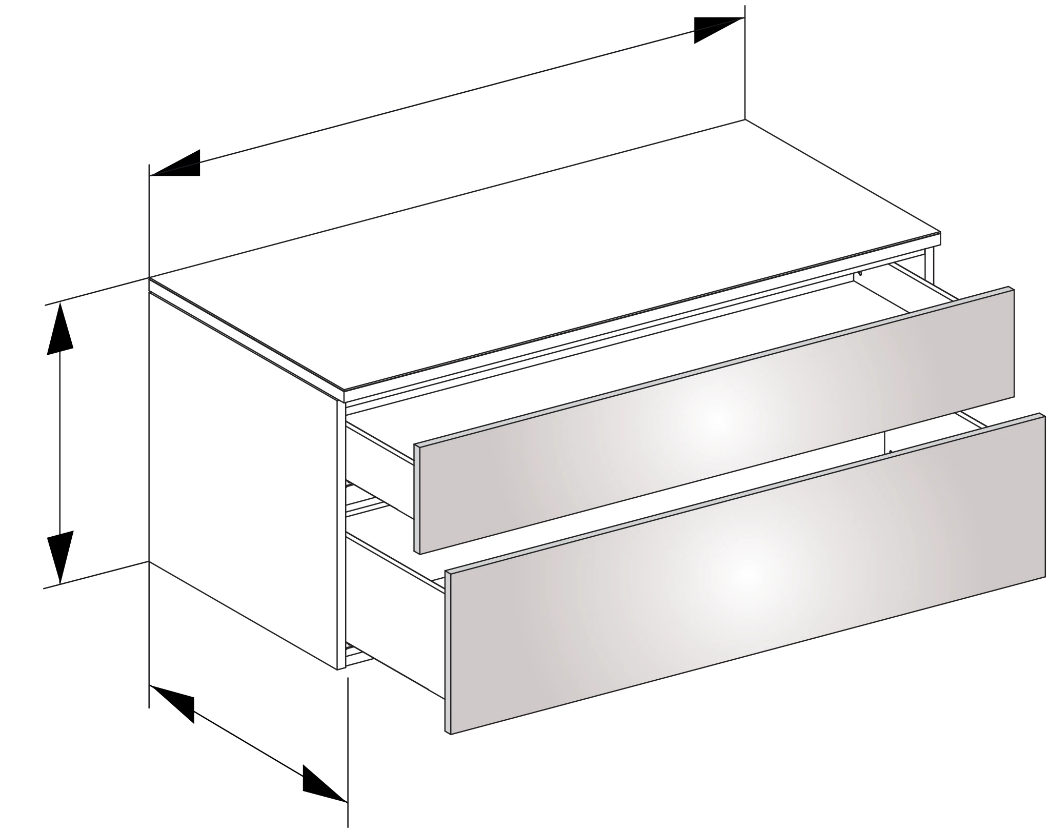 Edition 400 Sideboard wandhängend, 2 Auszüge 1050 x 472 x 535 mm weiß HG/Glas trüffel