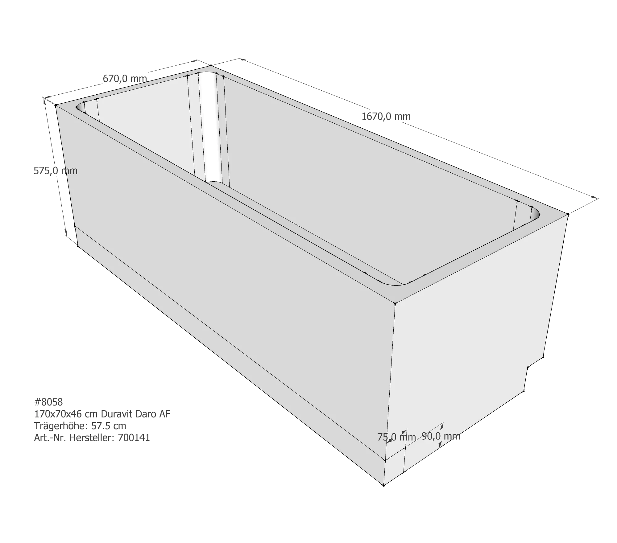 Badewannenträger passend für Duravit Daro 170 × 70 × 46 cm