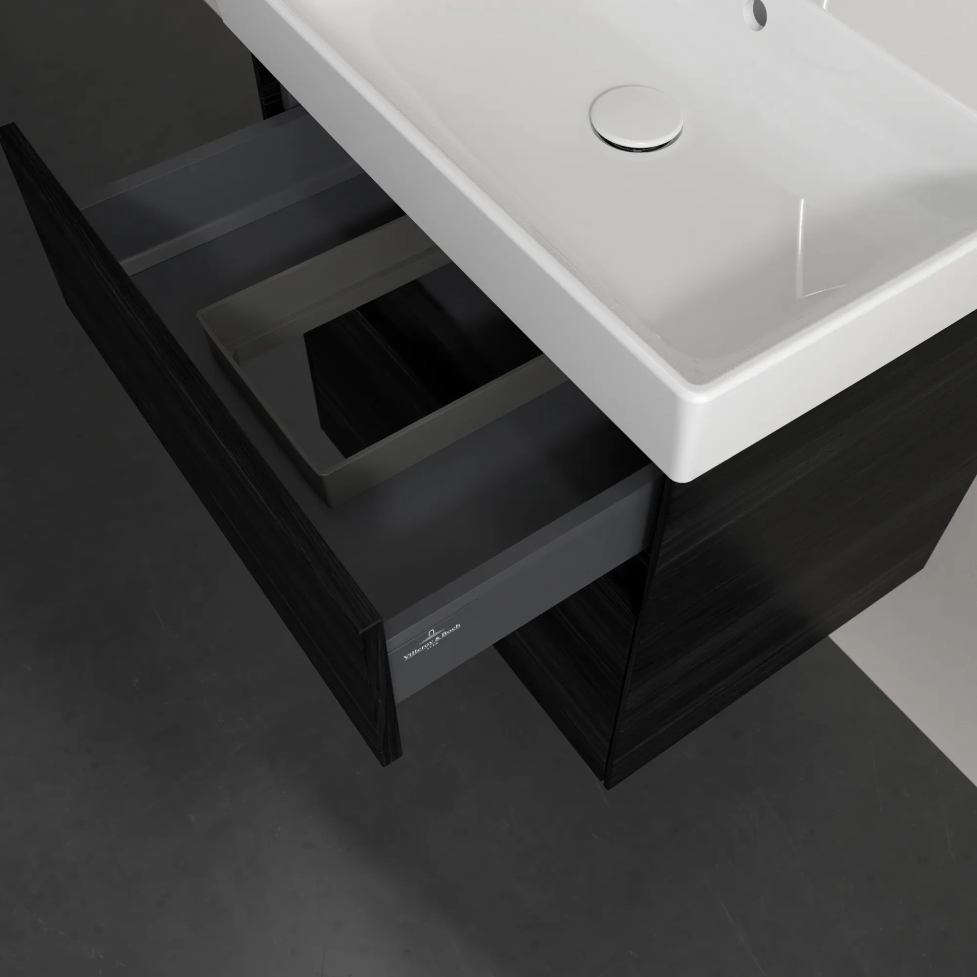 Villeroy & Boch Waschtischunterschrank „Collaro“ 554 × 546 × 444 mm Black Oak, für Becken mittig, mit Beleuchtung, Soft Closing
