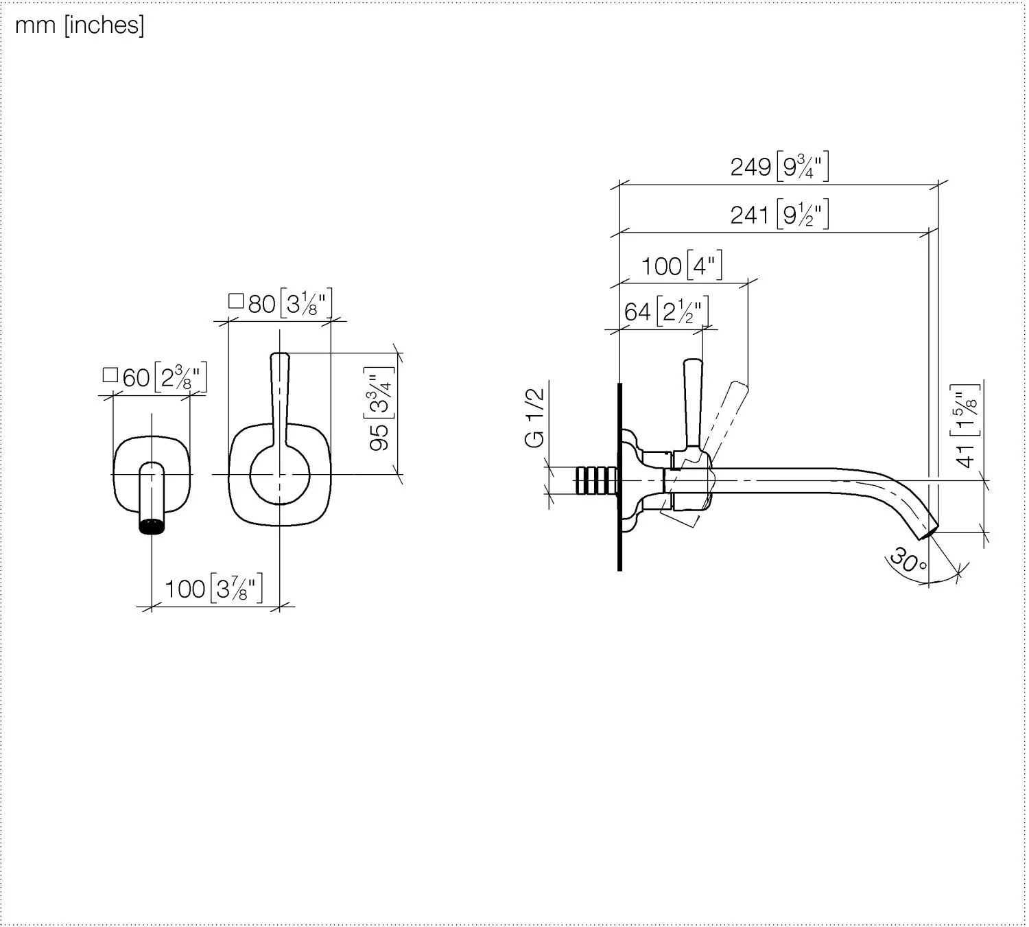 Dornbracht COYA Waschtisch-Wand-Einhandbatterie ohne Ablaufgarnitur Chrom, Ausladung 241 mm, starrer Auslauf, runder luftangereicherter Strahl, Bohrungsdurchmesser Auslauf 37 mm, Bohrungsdurchmesser Einhandbatterie 57 mm, Rosette für Auslauf 60 x 60 mm