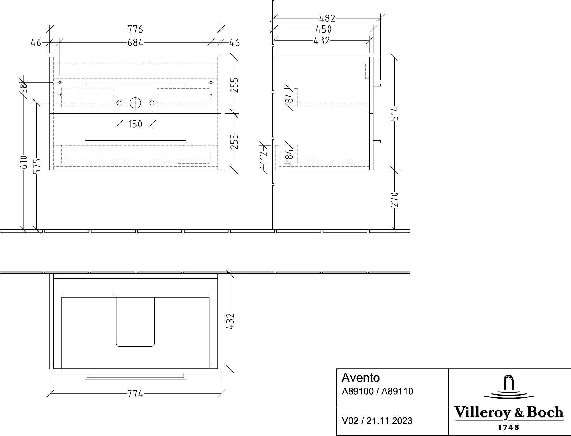 Villeroy & Boch Avento Waschbeckenunterschrank A89110, 776x514x484mm, 2 Auszüge, Volcano Black Villeroy & Boch Avento Waschbeckenunterschrank A89110, 776x514x484mm, 2 Auszüge, Volcano Black