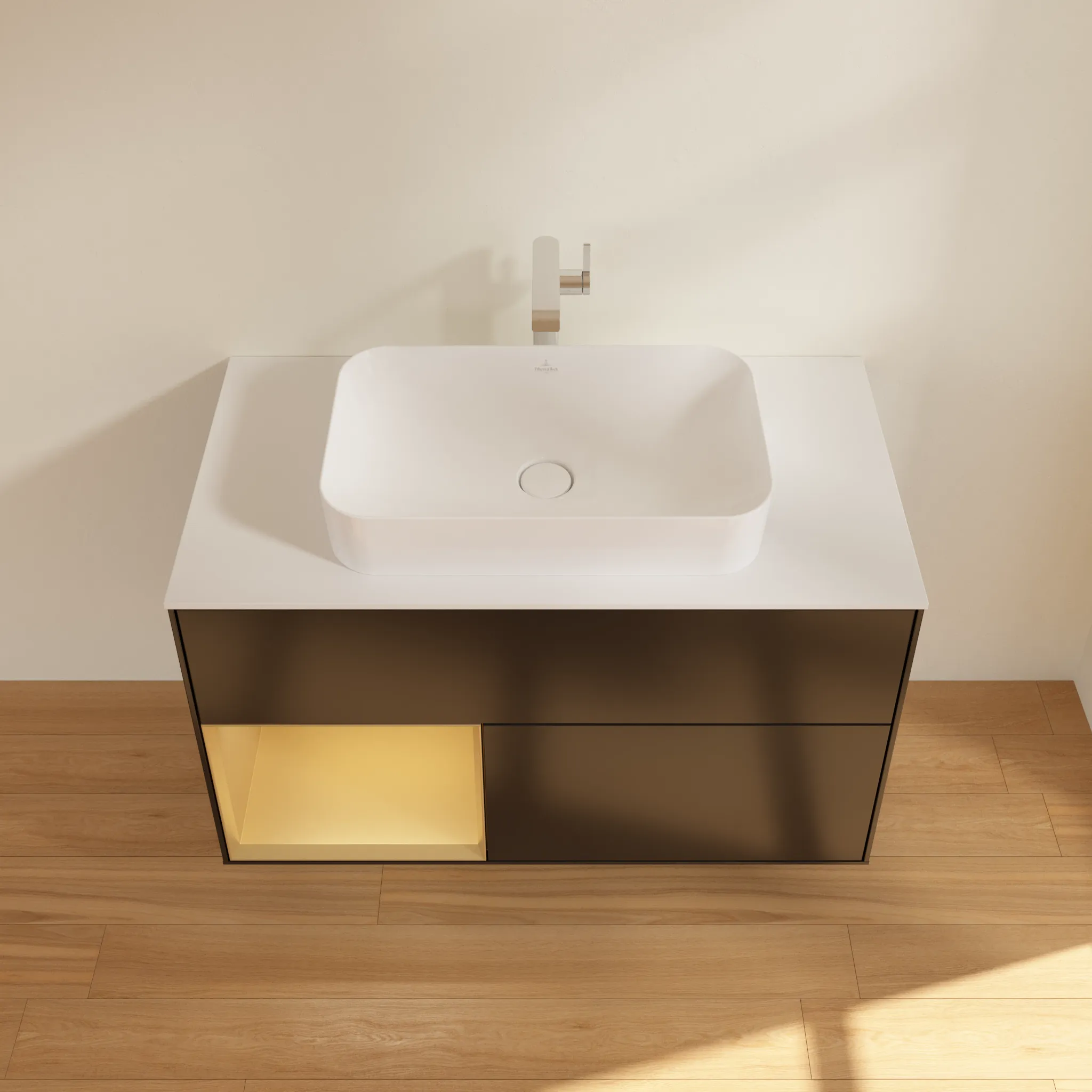 Villeroy & Boch Waschbeckenunterschrank Finion F24, 1000x603x501 mm, Black Matt Lacquer mit Gold Regal, Beleuchtung dimmbar, Push-to-open, SoftClosing